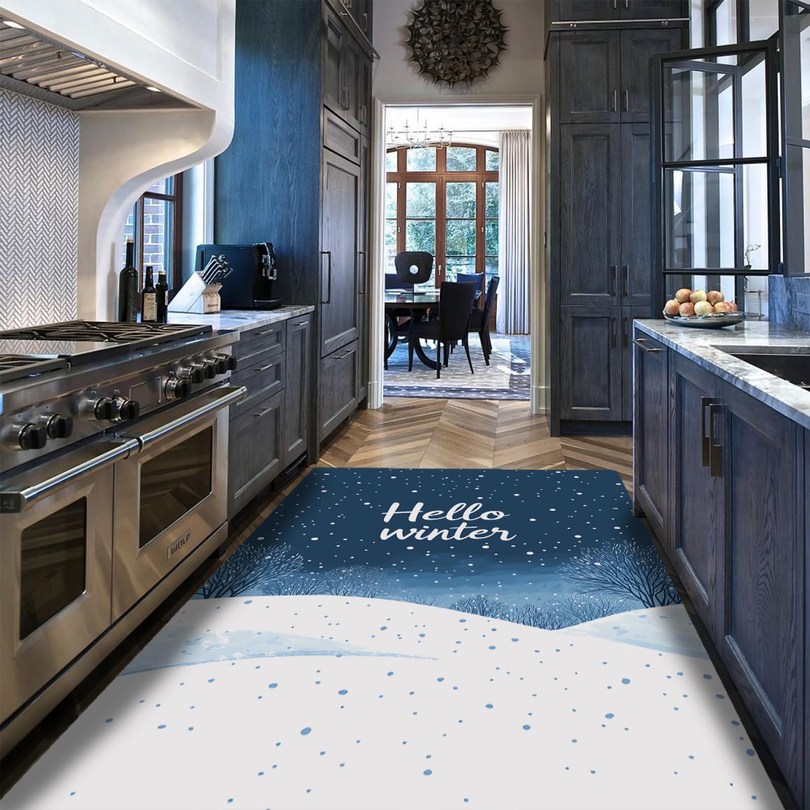 Tapis mince 180 x 210 cm anti-poussière pour cuisine et salon à motif nordique bleu et blanc