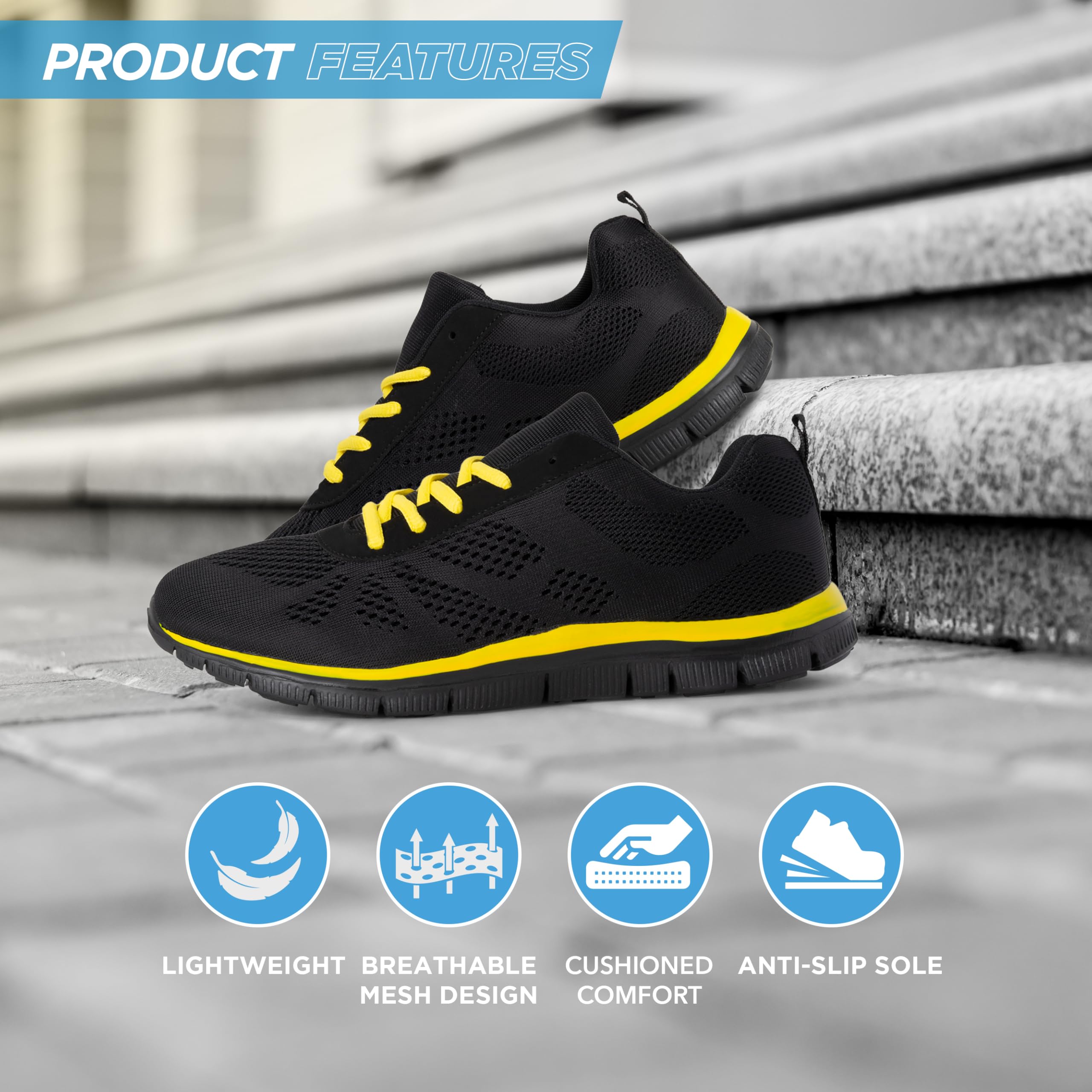 Get Fit Men’s Lightweight Cushioned Trainers - Breathable Mesh Gym Running Shoes - Comfortable Lace-Up Athletic Sneakers, Shock-Absorbing Non-Slip Sole - Black/Yellow - 12