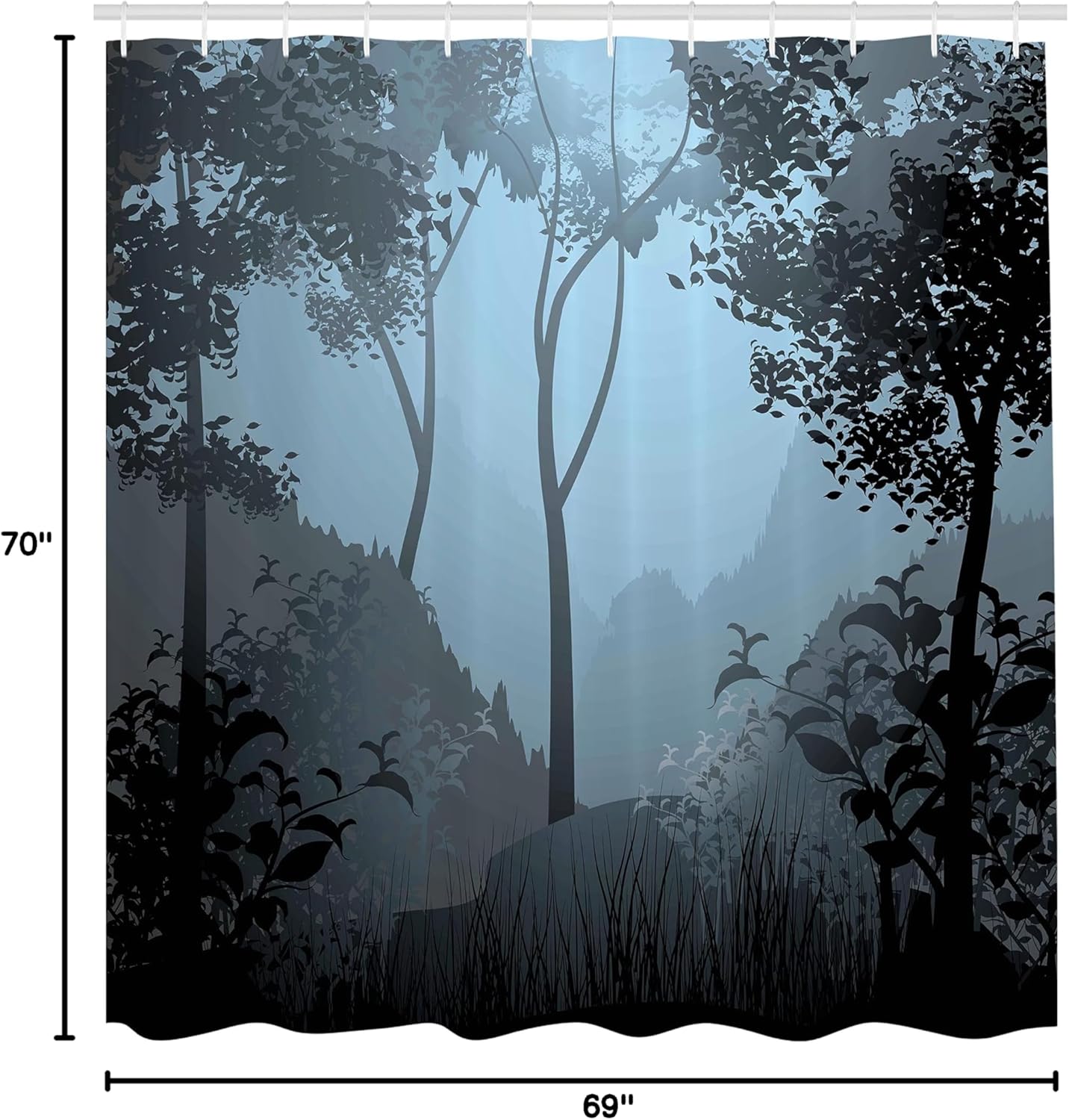 Ambesonne Nature Shower Curtain, Foggy Forest and Cloudy Sky View Tree Silhouettes Jungle Wild Tropical Picture, Cloth Fabric Bathroom Decor Set with Hooks, 69" W x 70" L, Blue Grey