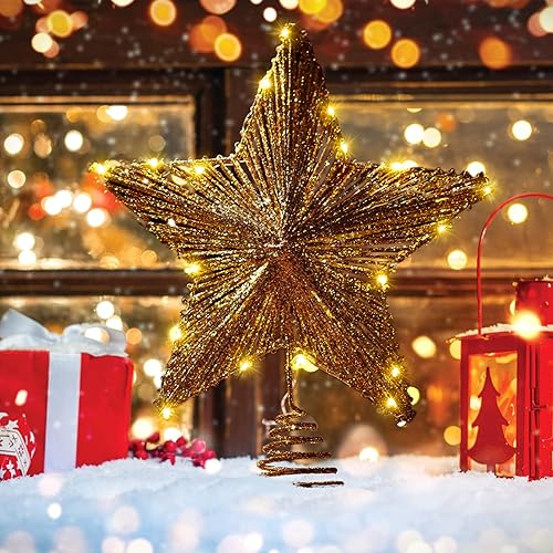 Estrella para árbol de Navidad, estrella con purpurina iluminada con alambre LED, decoración de árbol de Navidad, decoración de fiesta de Navidad