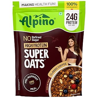 ALPINO 24% High Protein Super Oats Classic Coffee 1kg – Rolled Oats, Natural Peanut Butter, Coffee Extract, Jaggery Powder – 24g Protein, Source of Dietary Fibre & Healthy Fats, No Refined Sugar & Salt
