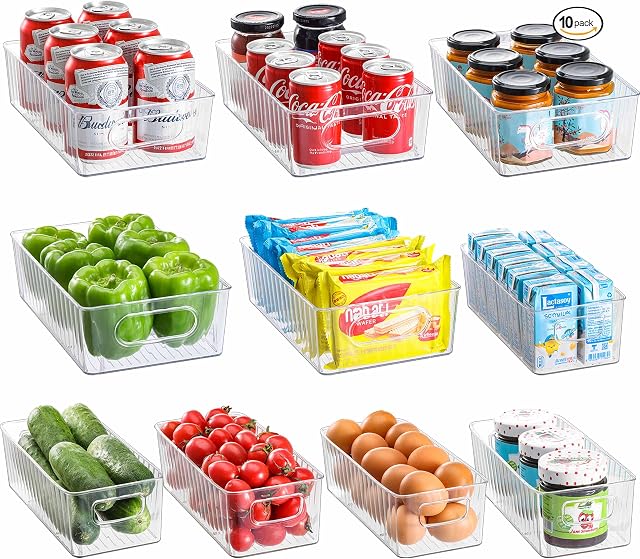 HNNJCK Zestaw 10 organizerów do lodówki, przezroczyste pojemniki do przechowywania w lodówce, wielofunkcyjny organizer do szafek kuchennych, pojemniki do przechowywania w lodówce, do kuchni, spiżarni,