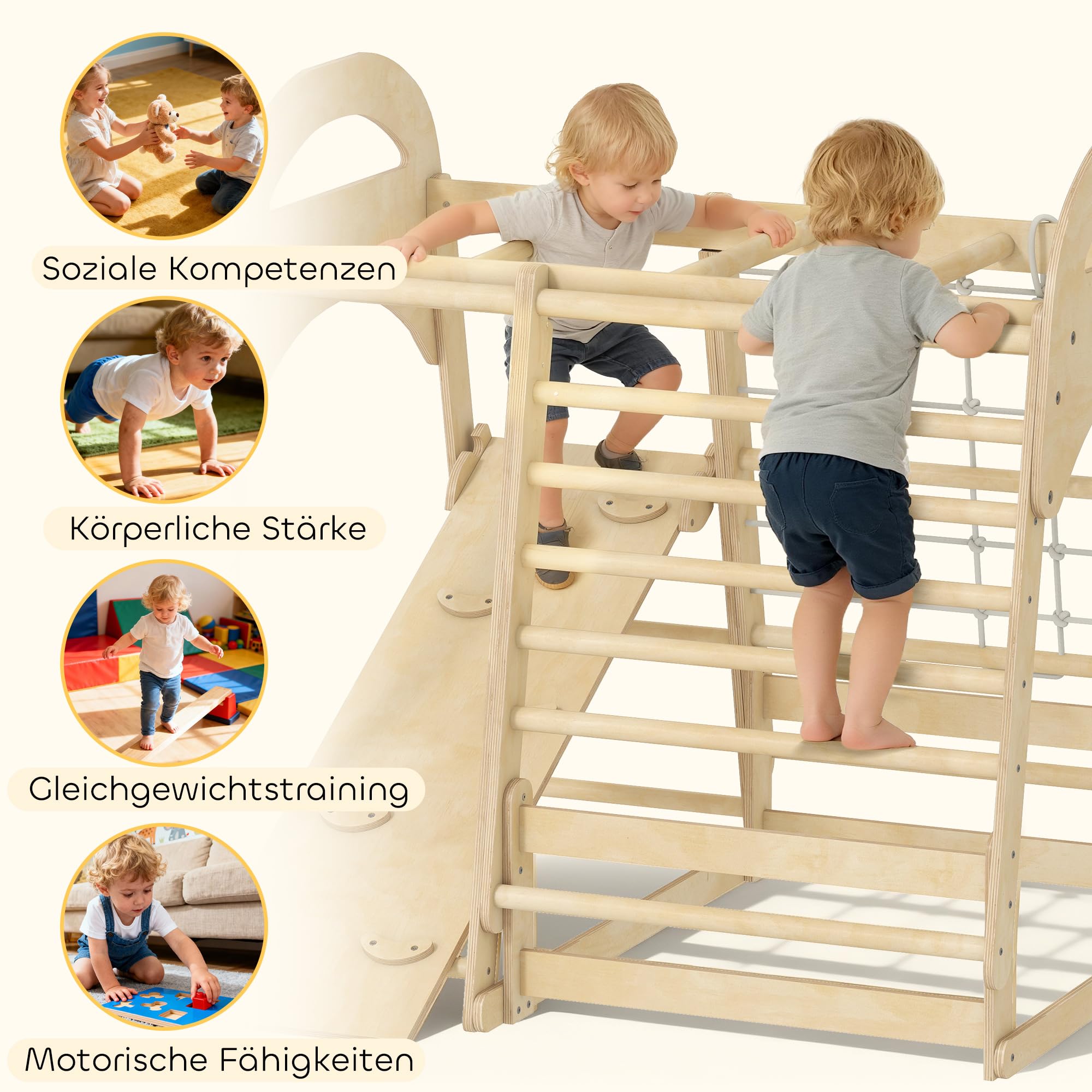 AIYAPLAY 6-in-1 Montessori Klettergerüst Indoor für 3-6 Jahre, Naturholz | Indoor Spielplatz, Mit Rutsche, Kletterstangen, Turnringen, Leiter, Kletternetz, Kletterturm Indoor
