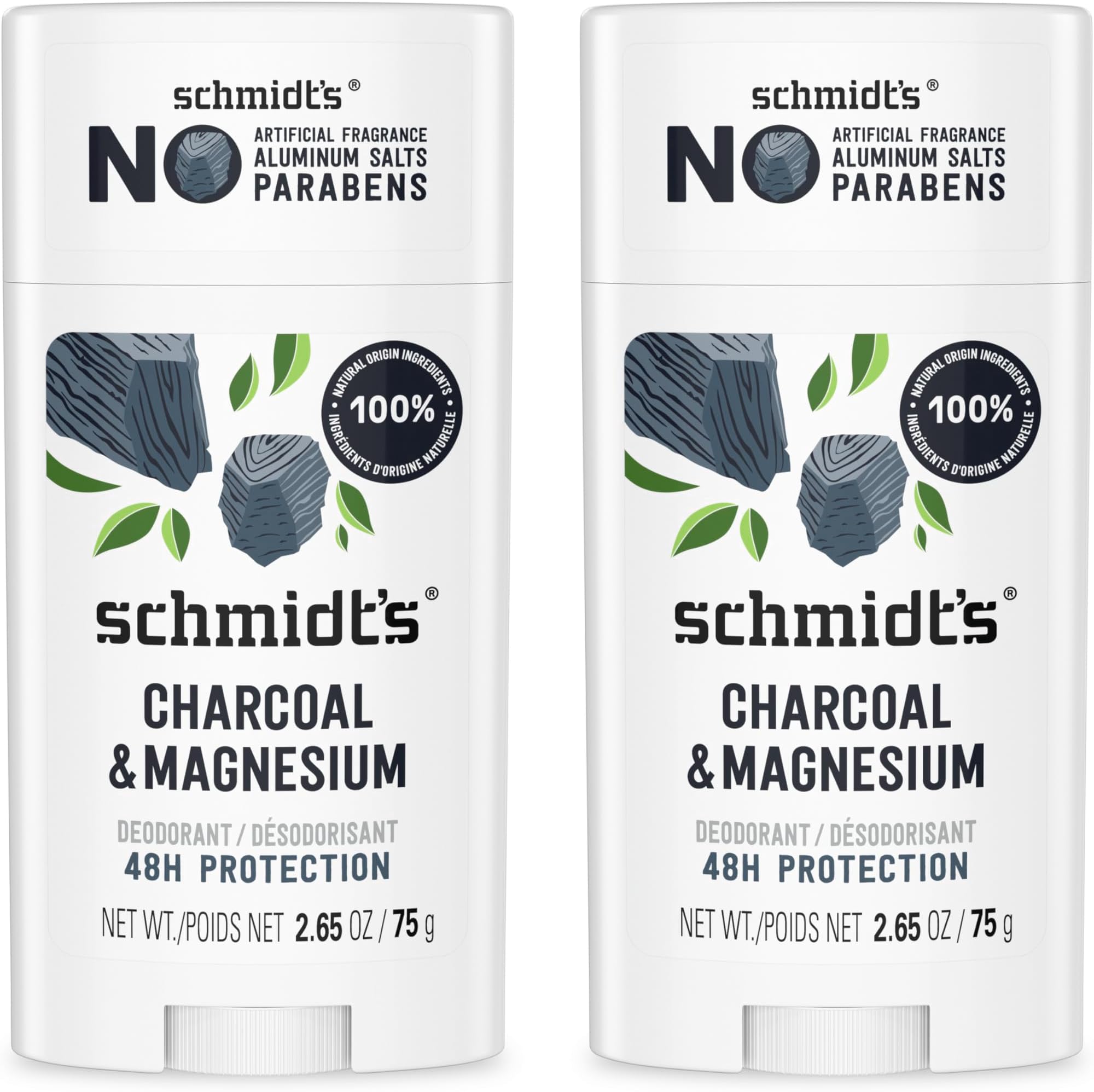 Schmidt's Aluminum Free Natural Deodorant for Women and Men, Charcoal & Magnesium with 24 Hour Odor Protection, Certified Natural, Vegan, Fresh, 2.65 Oz, Pack of 2