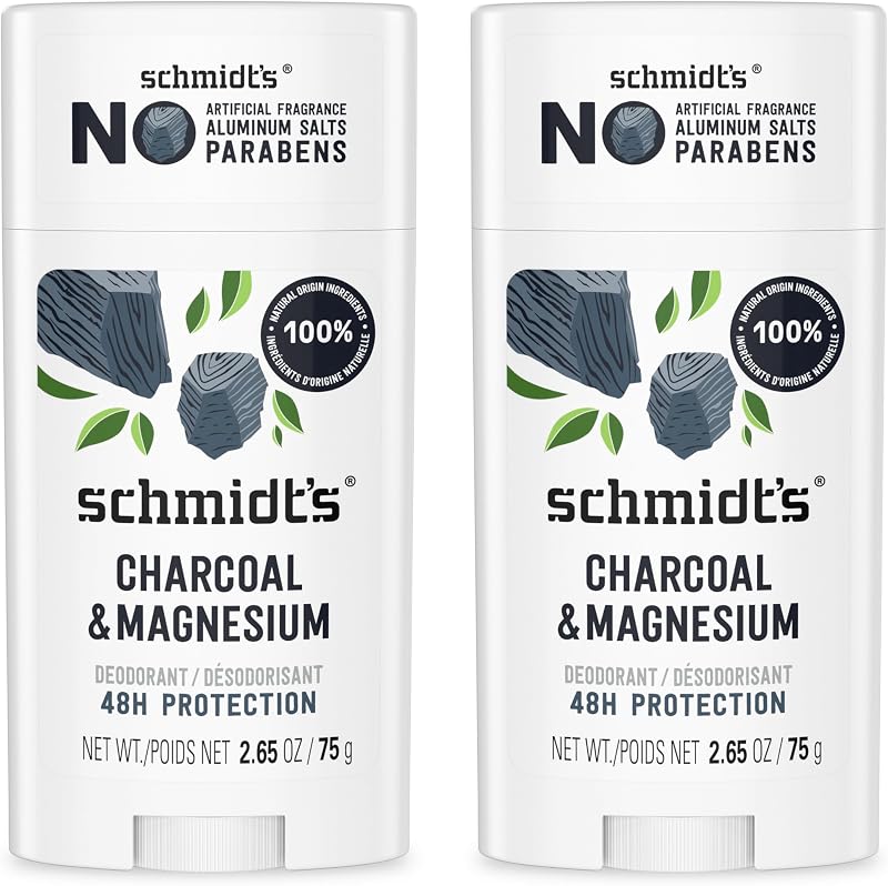 Schmidt's Deodorant Charcoal & Magnesium 2 Count 2.65 oz 48H | 24 Hour Odor Protection for Women and Men. With Natural Ingredients. Cruelty-Free