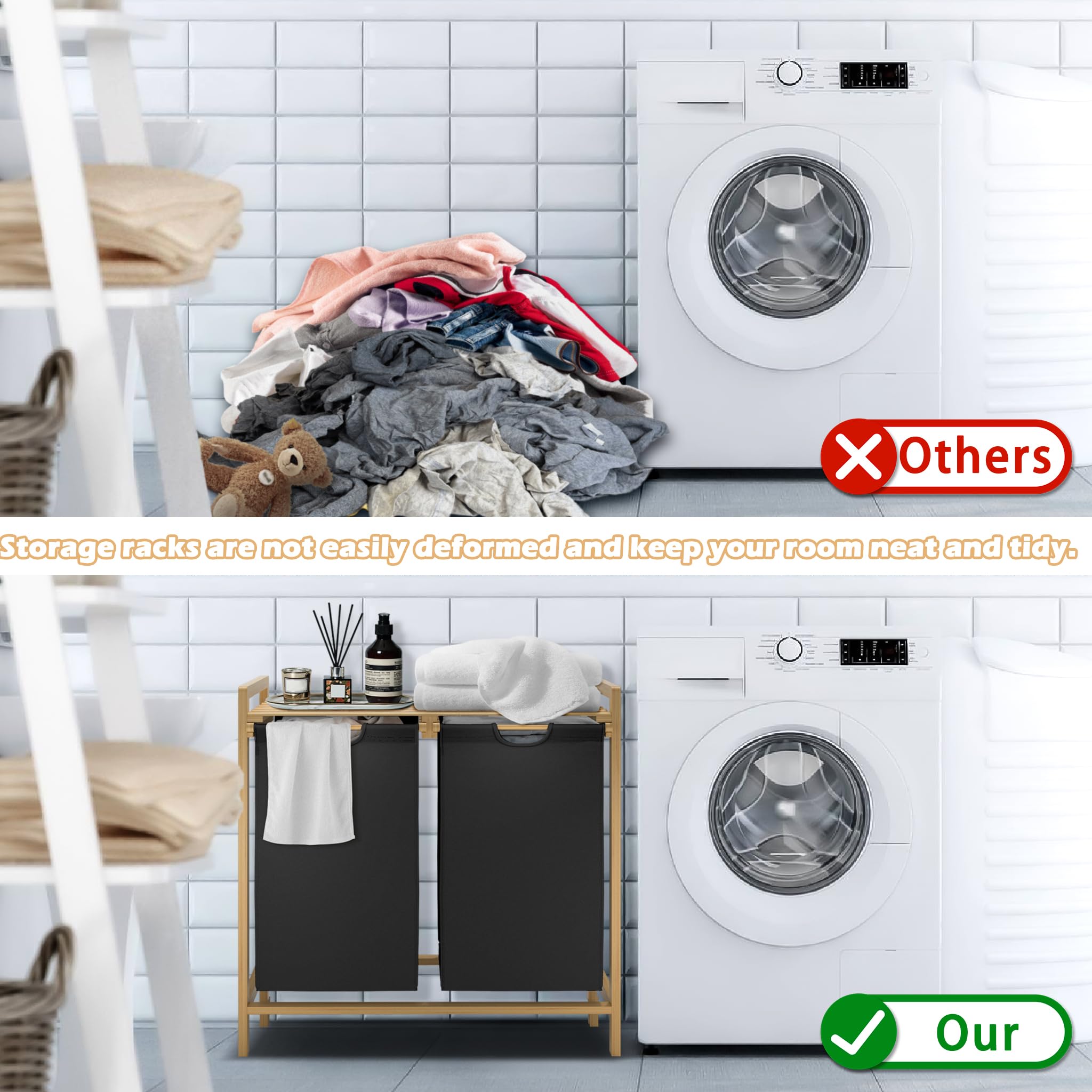 Froadp Kosz na pranie z bambusową ramą, zdejmowany i nadający się do prania worek z tkaniny Oxford, 2 oddzielne kieszenie, sortownik prania do domu, czarny, 73 x 64 x 33,5 cm