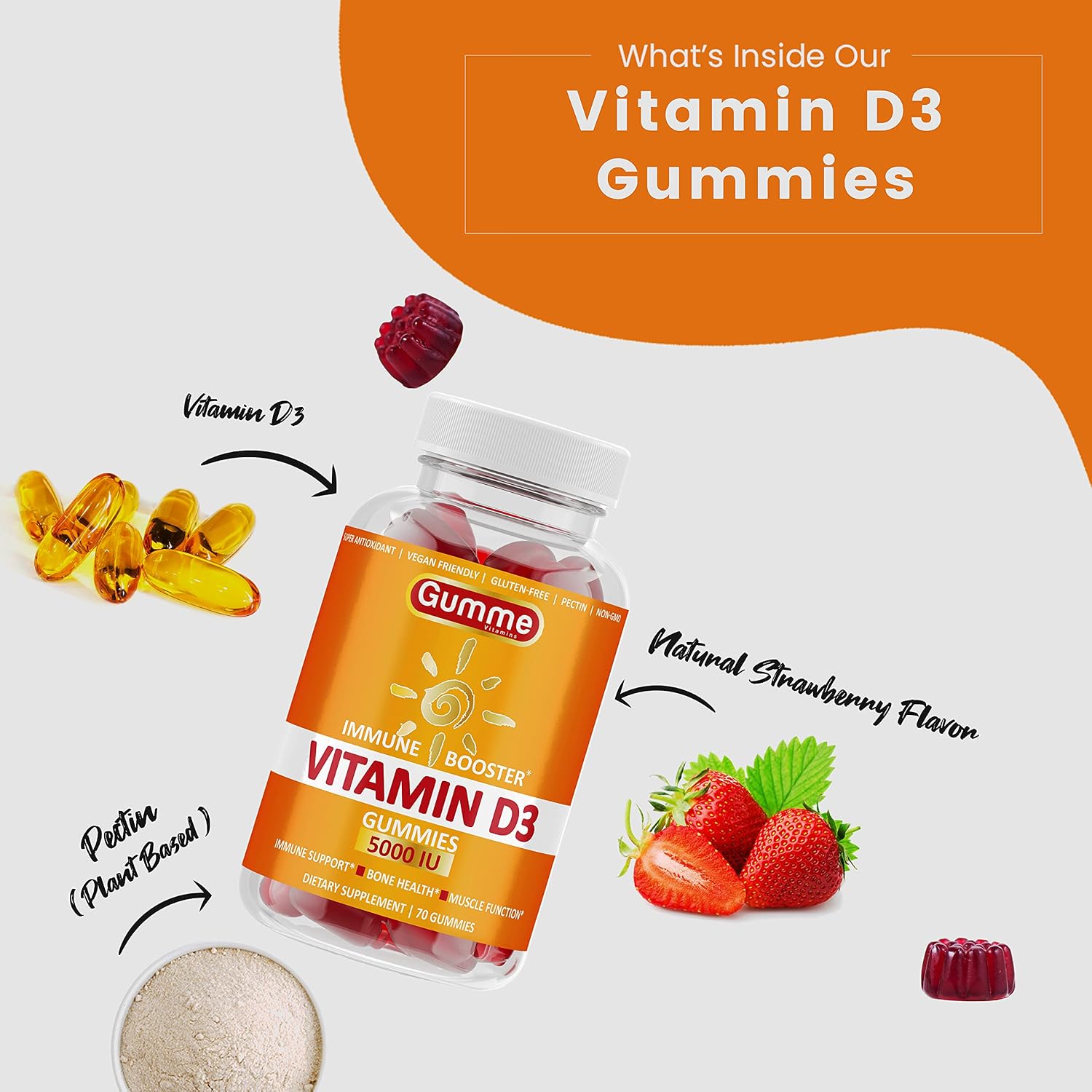 Vitamin D3 Gummies 5000 IU Chewable VIT D Gummy Supplements for Adults Kids Immune Support - Chews Women Men Vitamin Alternative to Capsules, Softgels, Tablet, Drops 125mcg 2 Pack