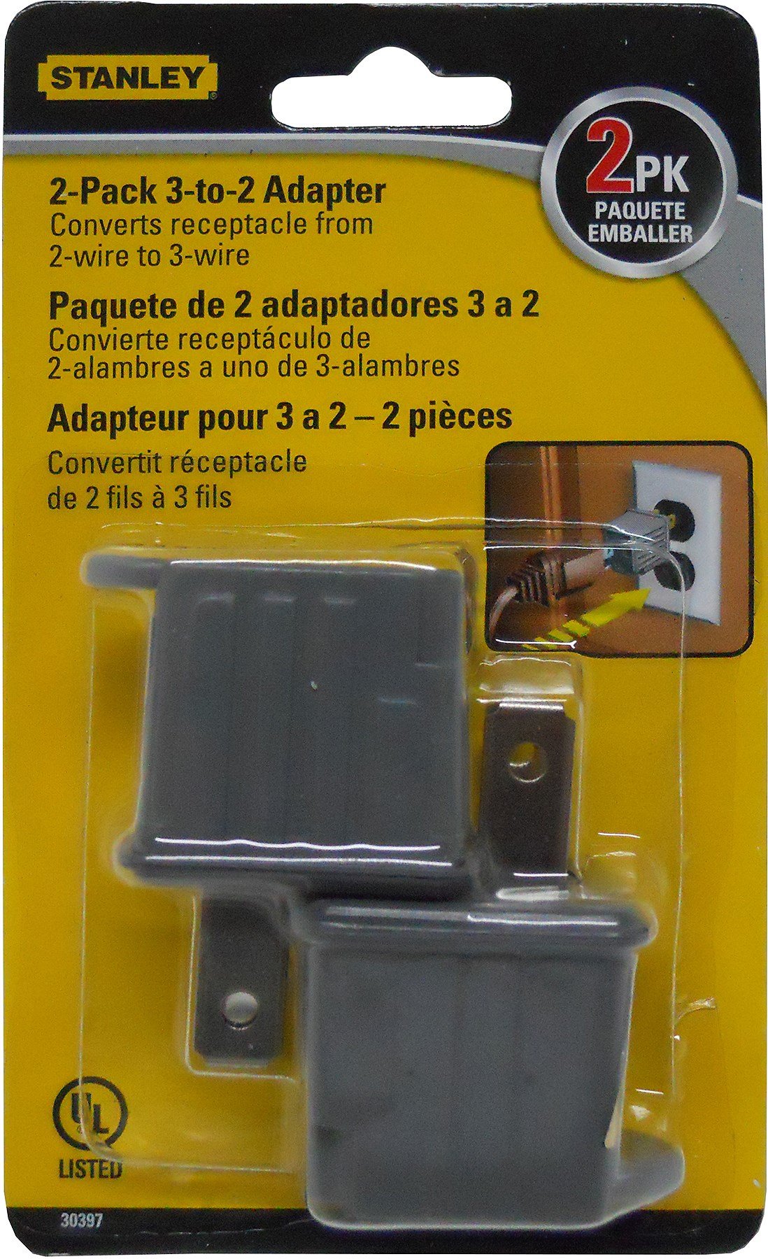 Stanley 30397 3 to 2 Adapter 2pk, Polarized to Grounded Single Outlet Converter, 2 Pack Grey