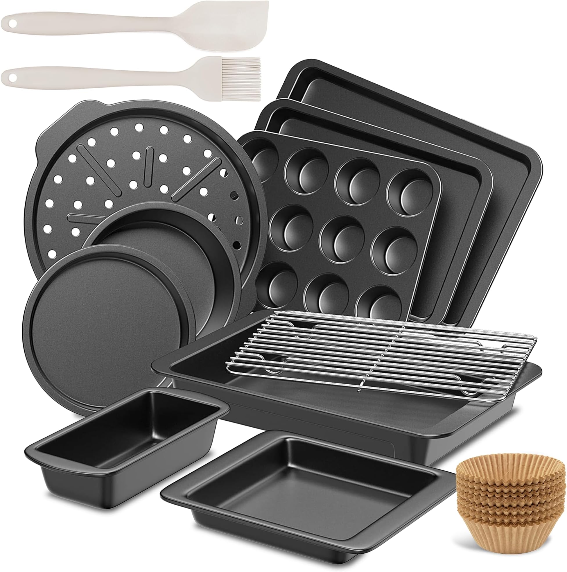 Hongbake Bakeware Sets, Baking Pans Set, Nonstick Oven Pan For Kitchen With Wider Grips, 10 Pieces Including Rack, Cookie Sheet, Cake Pans, Loaf Pan, Muffin Pizza - Grey