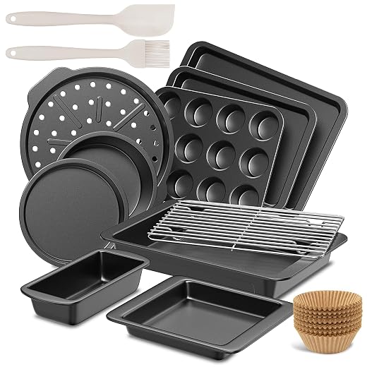 HONGBAKE Bakeware Sets, Baking Pans Set, 12 Pieces Nonstick Oven Pan with 120 Muffin Liners for Kitchen, Wider Grips, Including Rack, Cookie Sheet, Cake, Loaf, Muffin, Pizza Pan - Gray