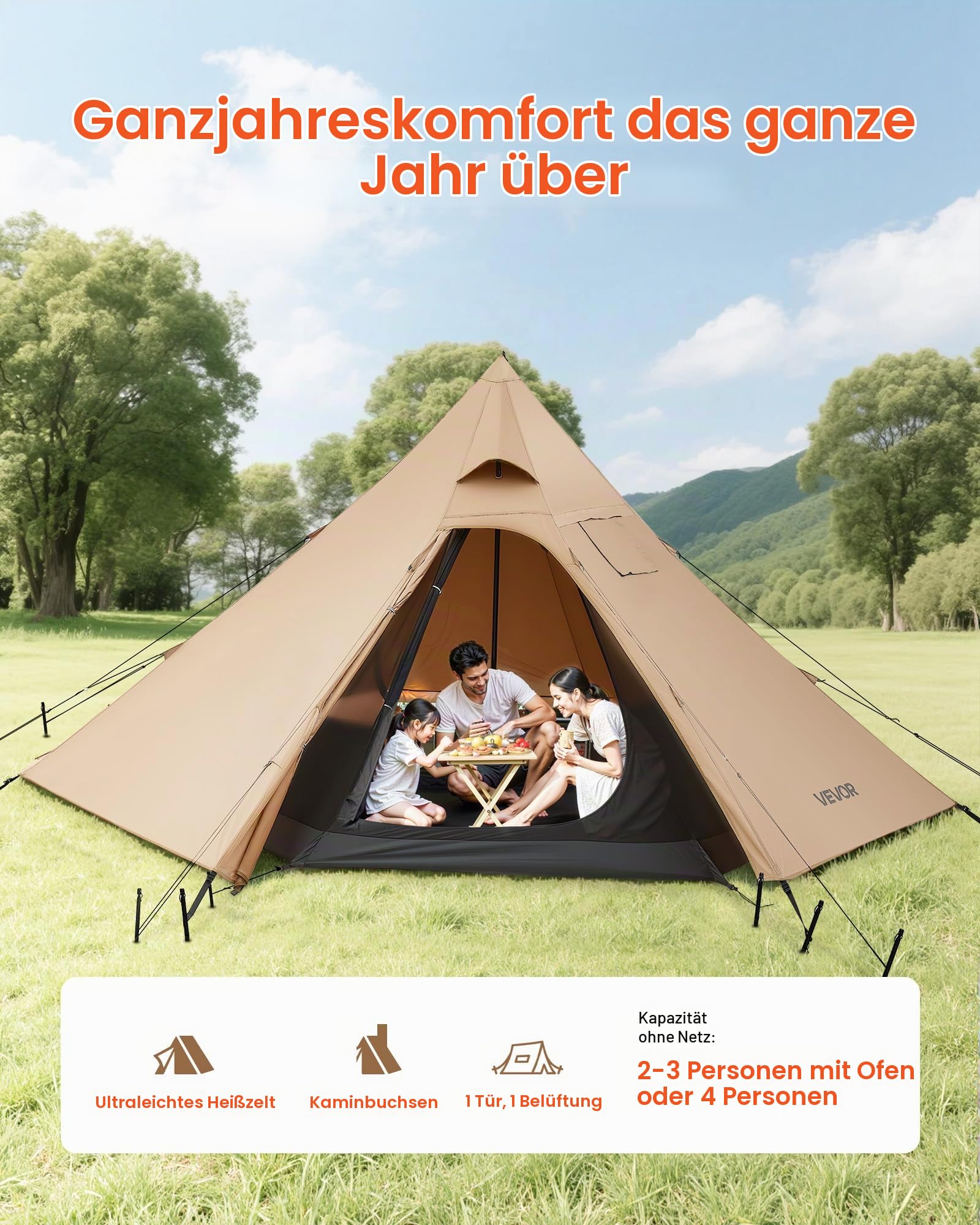 VEVOR Campingzelt für 4 Personen, Tipi-Zelt mit Ofenanschluss & Innenzelt, tragbare Wintercampingzelte mit Schneefang, wasserdichte 4-Jahreszeiten-Schutzzelte zum Angeln & Rucksackreisen