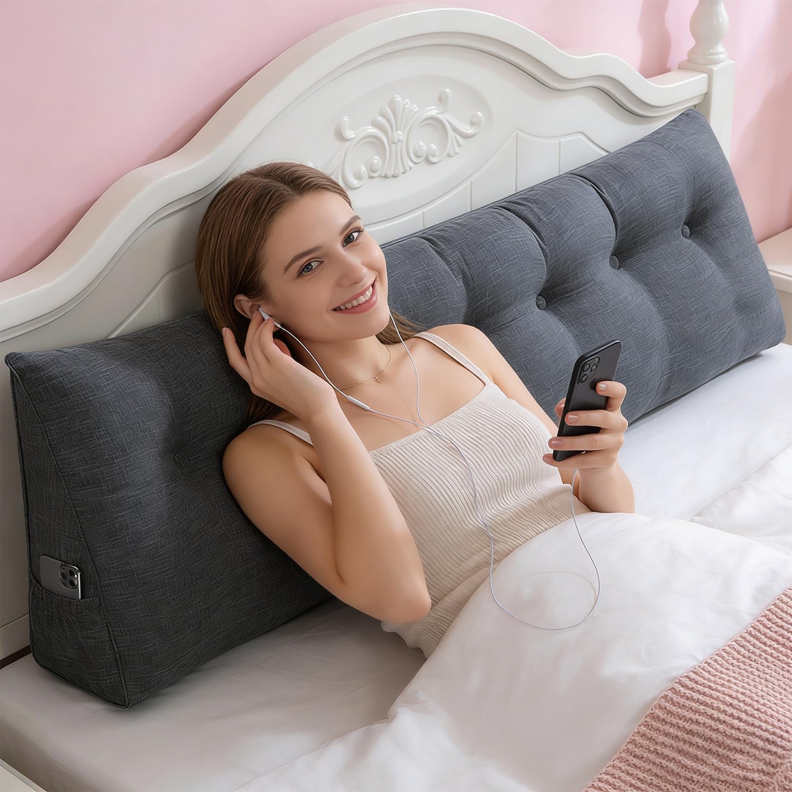 OHMG 120/140/160/180/200 CM Cojín de lectura, cojín de sofá triangular con funda extraíble, soporte de respaldo y espalda, ideal para cama y salón, cojines para cabecera de cama, cojines respaldo de