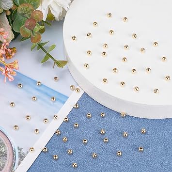 PandaHall 300pcs 14K Gold-Plated Brass Beads 4 mm Gold Beads Spacer Beads Gold Metal Beads Durable Round Smooth Spacer Beads for Summer Stackable Necklaces Bracelets Earring Making