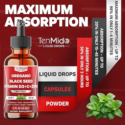 Miniatura 7 de Aceite de orégano 12 en 1 con aceite de semilla negra, gotas líquidas con saúco, hoja de olivo, raíz de malvavisco, ajo, cúrcuma, jengibre, menta,