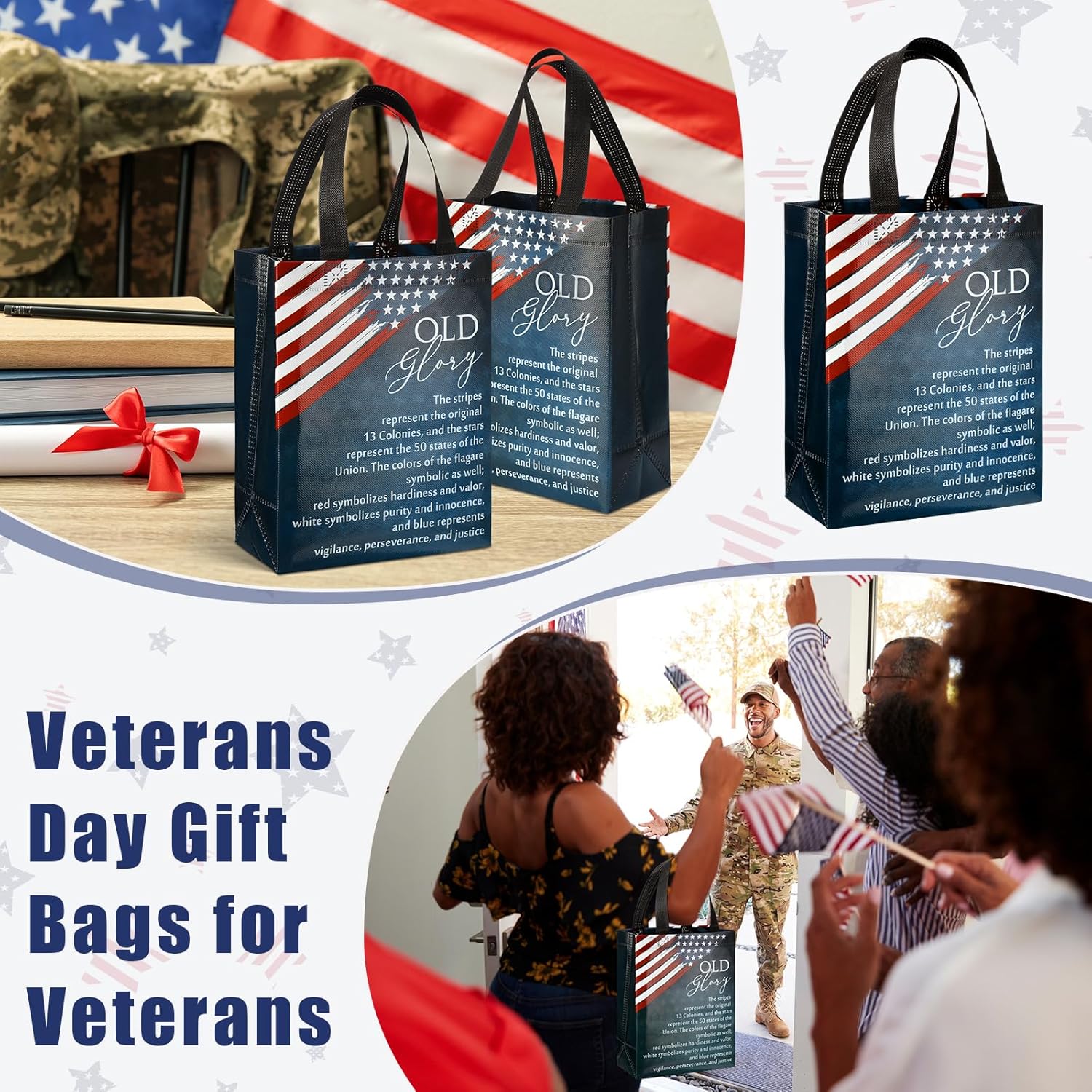Sweetude 50 250 Anniversary Patriotic Gift Bags Bulk American Flag Theme Bags with Handle Medium Reusable USA Souvenirs Gifts for Church Remembrance Day Party Decorations Favors
