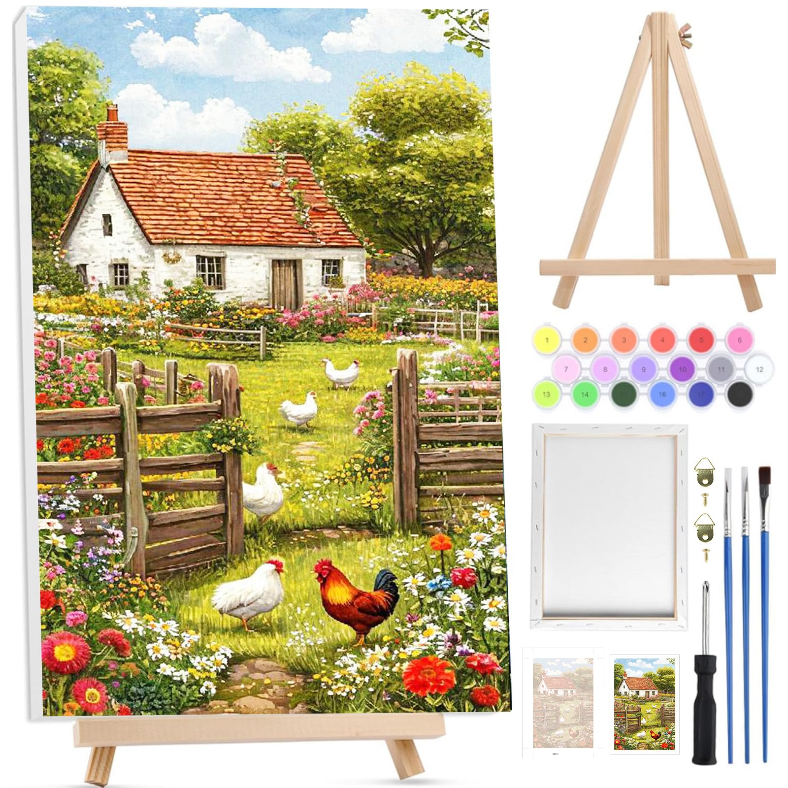 BOWETILE Easter Paint by Numbers for Adults with Framed Canvas&Wooden Easel,Village Painting by Numbers Kit for Adults Beginners Canvas Kit,Color Oil Painting Acrylic Paints for Home Wall Decor20x30cm