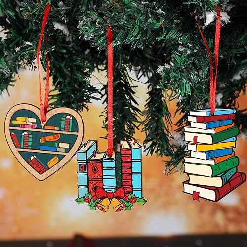 Miniatura 7 de Juego de 24 adornos colgantes para libros de Navidad, árbol de Navidad de madera, muñeco de nieve, campana, estantería de alce, adorno de lectura