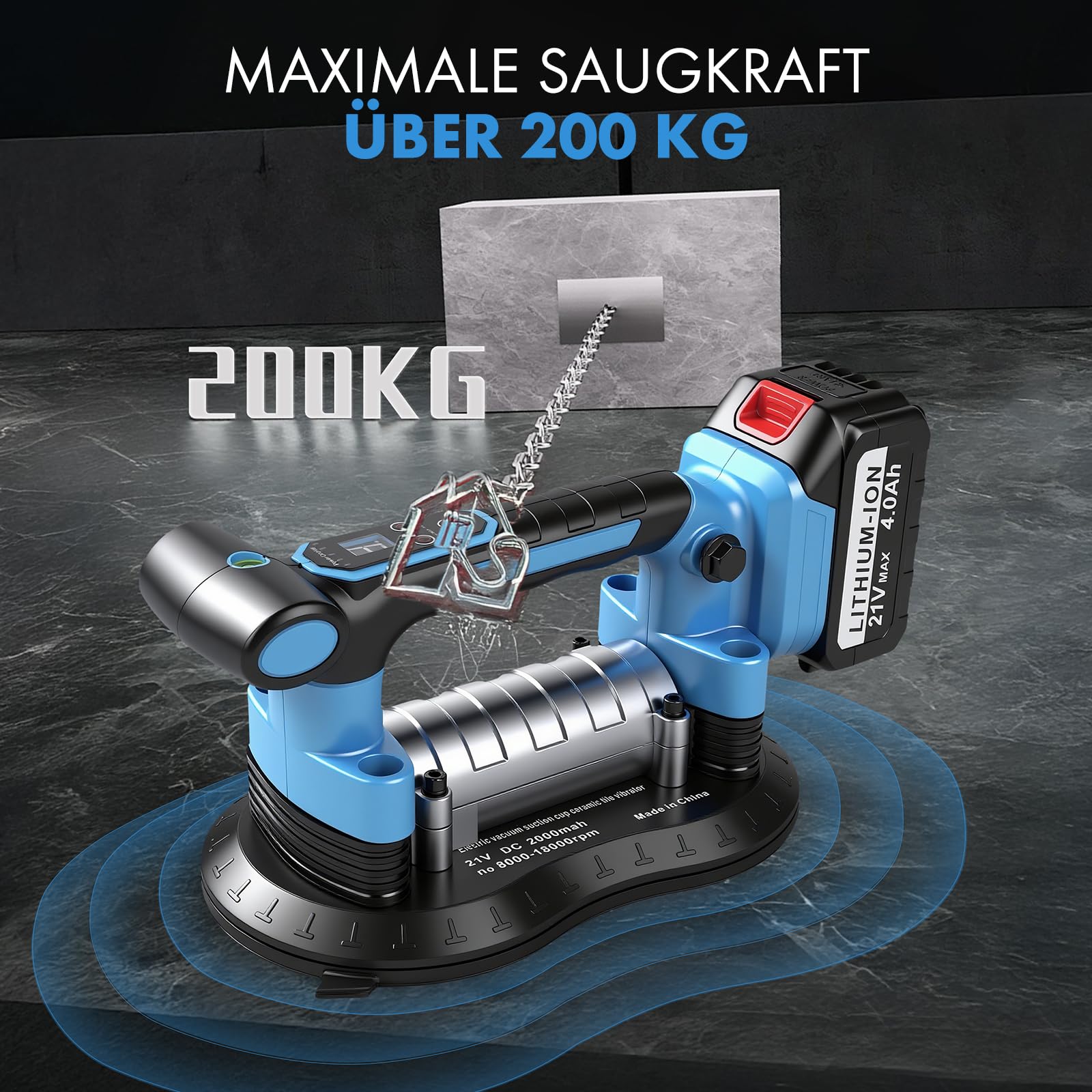 Akku Saugheber FliesenrüTtler, 2 In 1 Glassauger Akku Fliesen VibrationsgeräT Mit 25x15cm Saugnapf 200kg Saugkraft, 9 Gang Digital Elektrischer Plattenheber Vakuumheber FüR Fliesen, Glas, Marmor