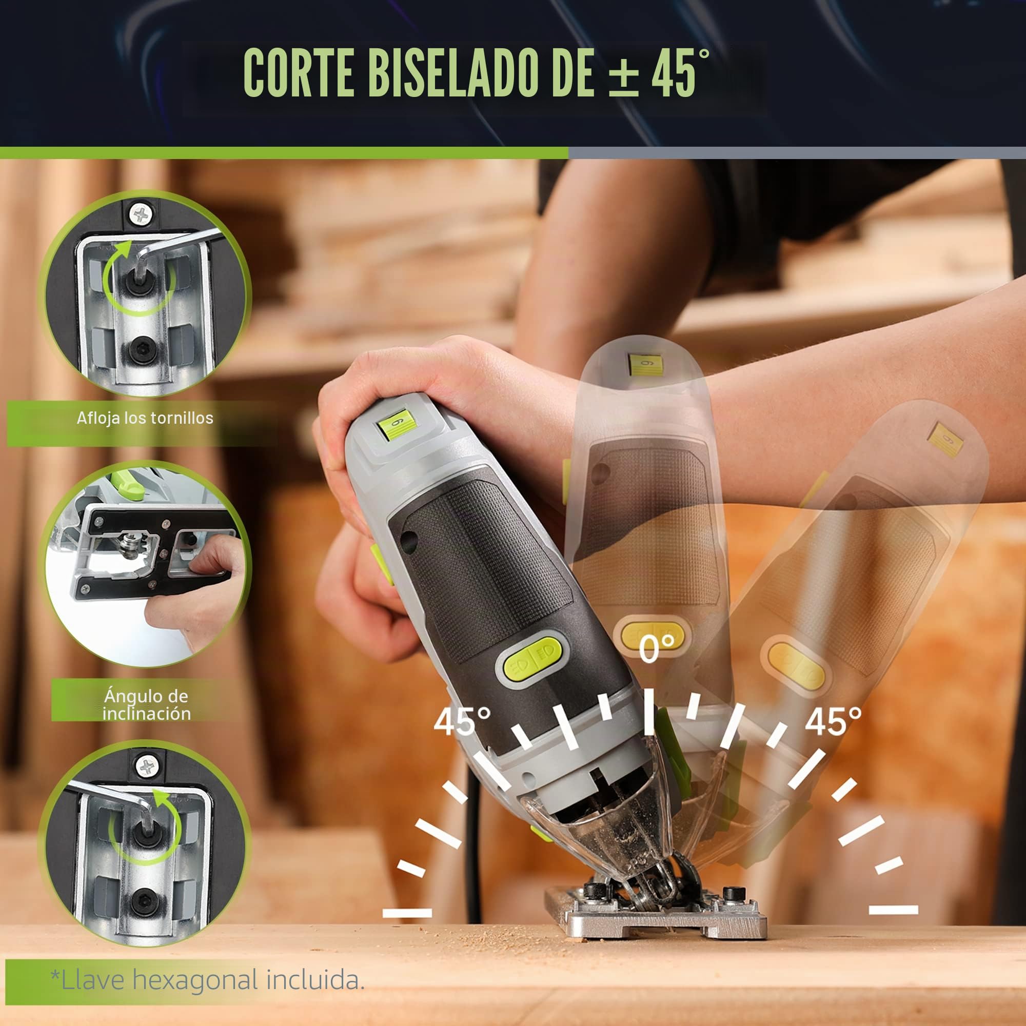 WORKPRO 850W Sierra de calar, con 6 velocidades y 4 posiciones orbitales, función de soplado de polvo, LED luz, ángulo de corte de ±45°, con tubo y regla guía, incluye 7 hojas de sierra