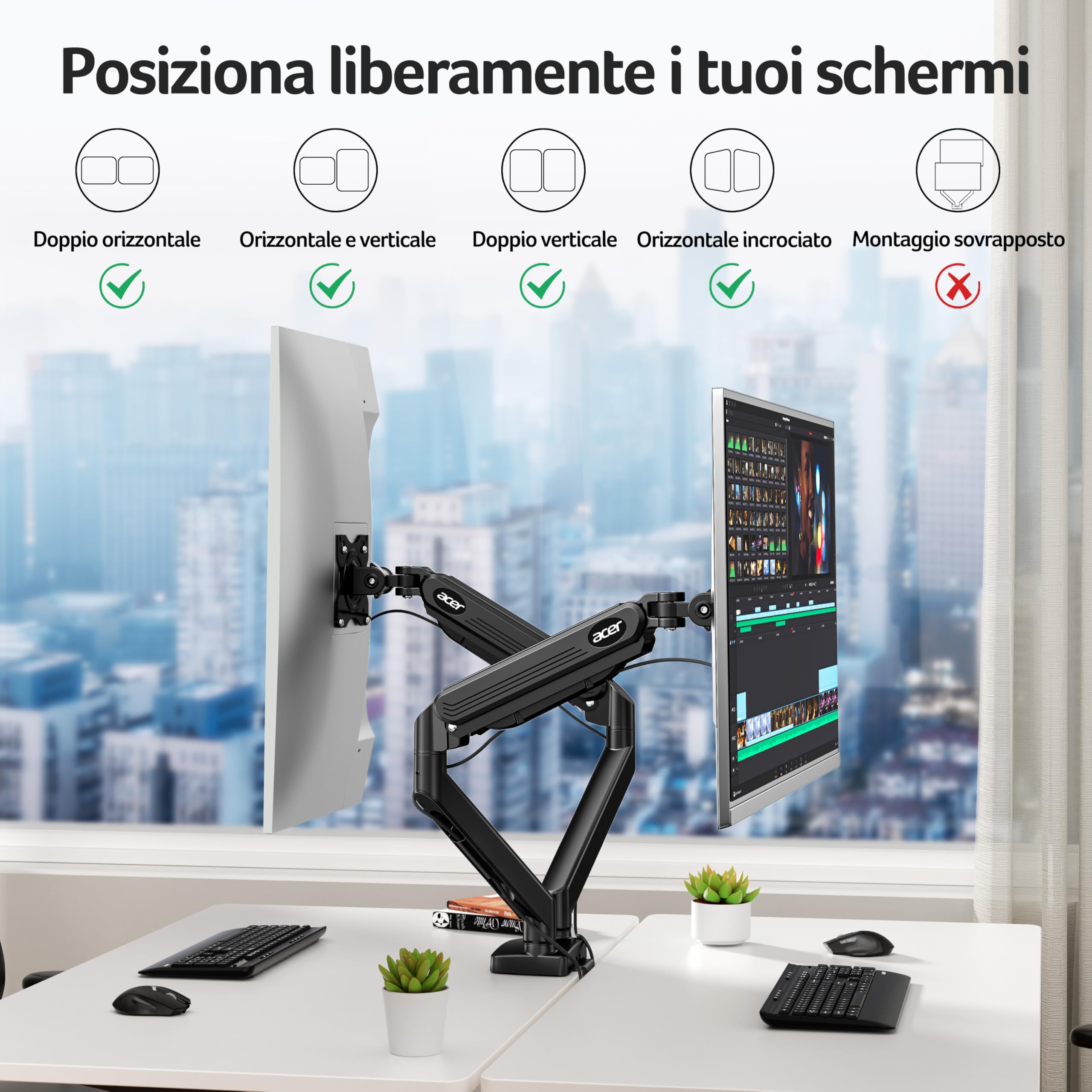 acer Braccio Monitor Doppio Supporto Schermi 17-32 Pollici, Supporto Monitor Scrivania con Molla a Gas, Regolabile in Altezza, Capacità di Carico 2-9 kg, VESA 75x75/100x100
