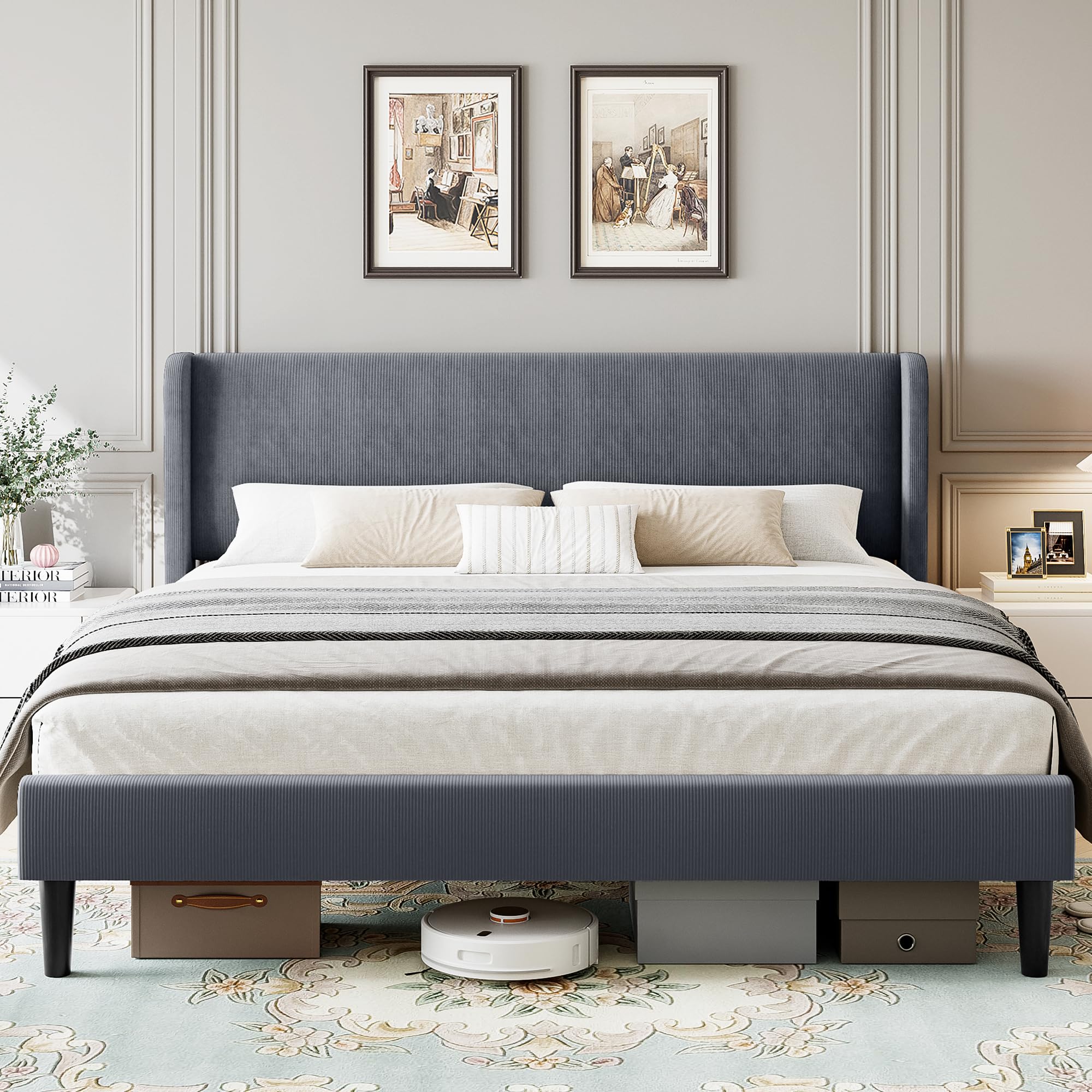 GarveeHome Upholstered King Bed Frame with Wingback Headboard, Velvet Upholstery Platform Bed, No Box Spring Needed, Wood Slats Support, Easy Assembly, Dark Gray