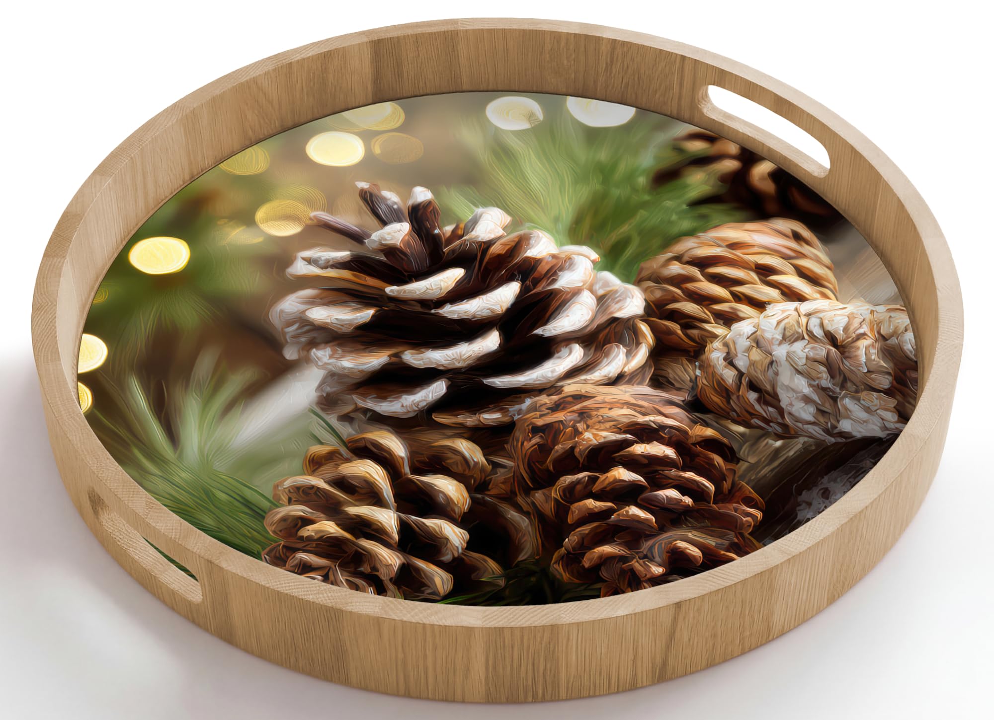 Bandeja De Madera Redonda 50x50 cm Bandejas para Servir Comida Desayuno Decorativas Roble Antideslizante Cocina Cafe Decoracion Conos Pino - Espíritu navideño - Marrón - Verde