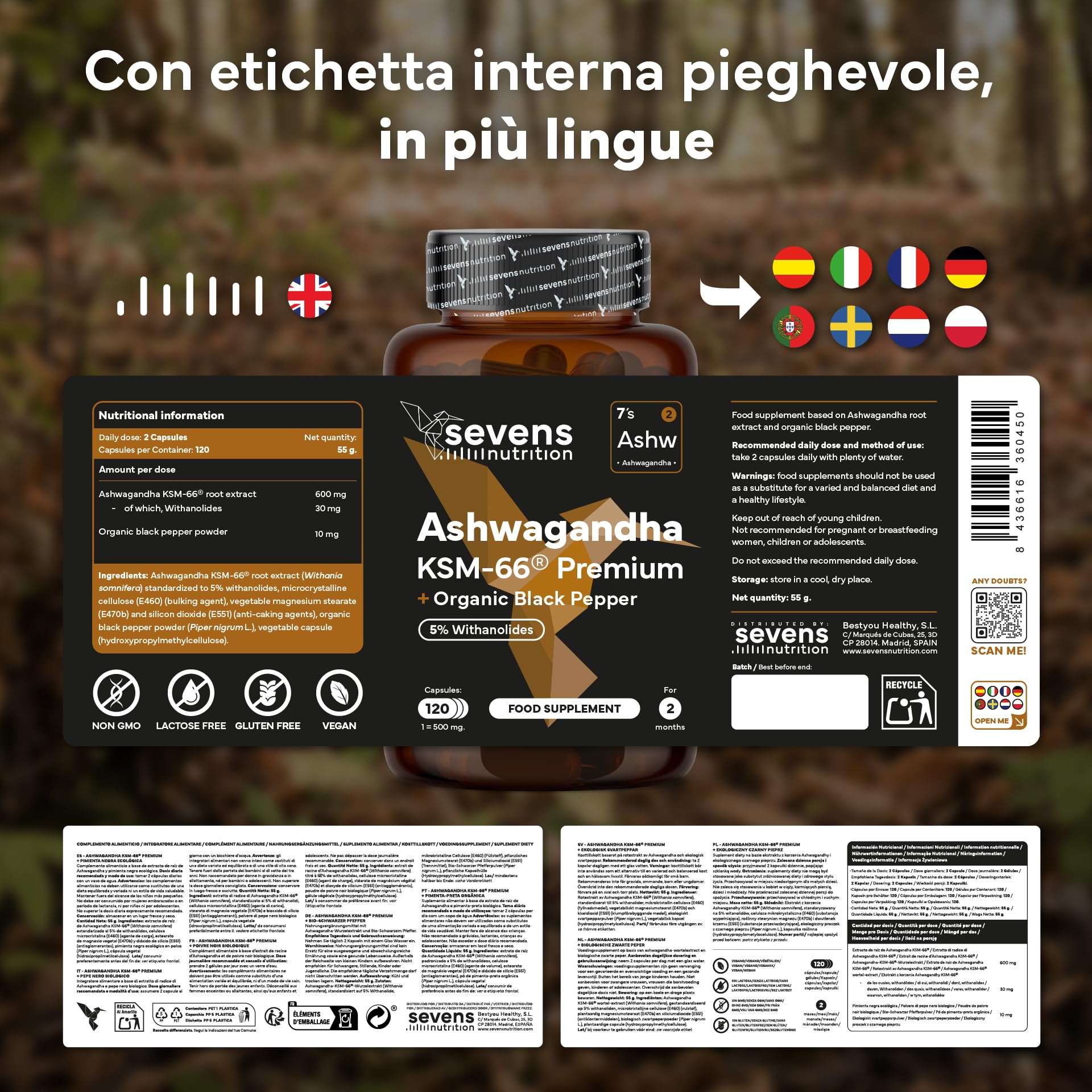 Ashwagandha KSM-66® Pura – Alta Biodisponibilità – Con Pepe Nero – 5% Withanolidi – Supporto per il Benessere, Energia e Funzione Psicologica – 120 Capsule Vegane