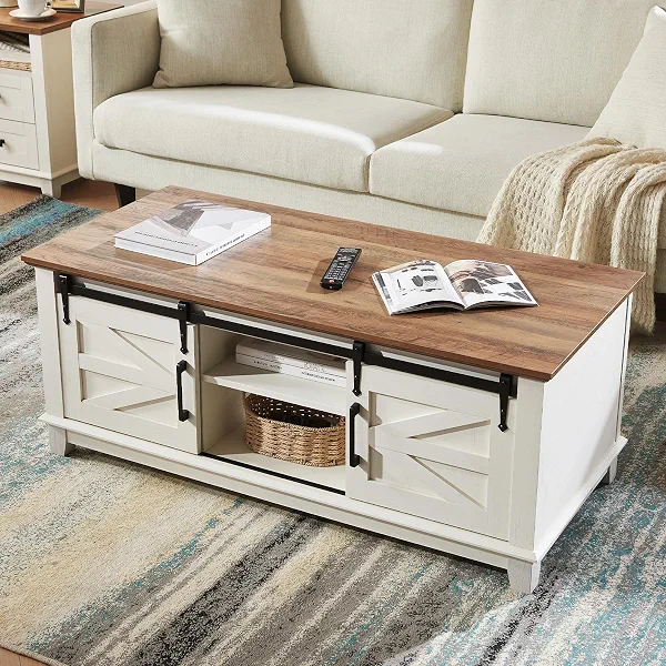 AMERLIFE 48" Farmhouse Coffee Table with Sliding Barn Doors, Rustic White | Farmhouse & Industrial Style, Modern Center Table, Storage Cabinet, Adjustable Shelves, Thick Engineered Wood