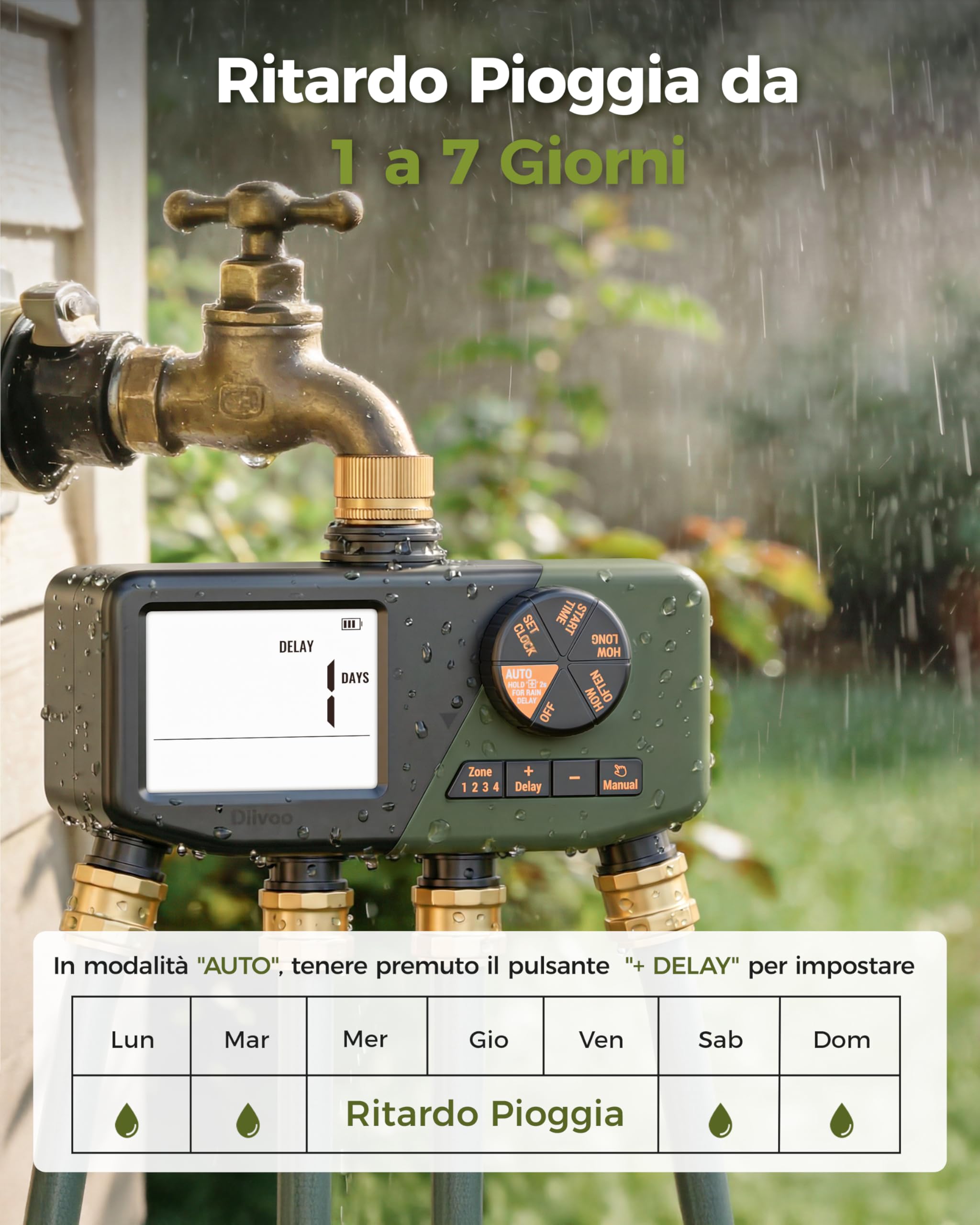 Diivoo IP68 Centralina Irrigazione 4 Zone con Ingresso in Ottone | Ampio Display LCD, Ritardo Pioggia, Irrigazione Manuale, Adatto per Prato e Giardino
