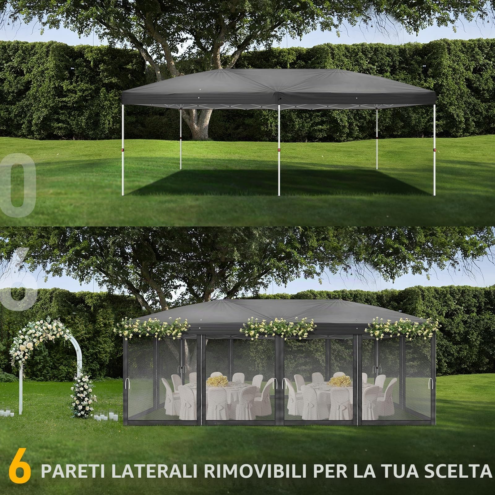 LEADZM Gazebo pieghevole, 3 x 6 m, impermeabile, protezione UV 50+, regolabile in altezza con 6 zanzariere, stabile, ideale per giardino, terrazza, campeggio e uso commerciale, antracite