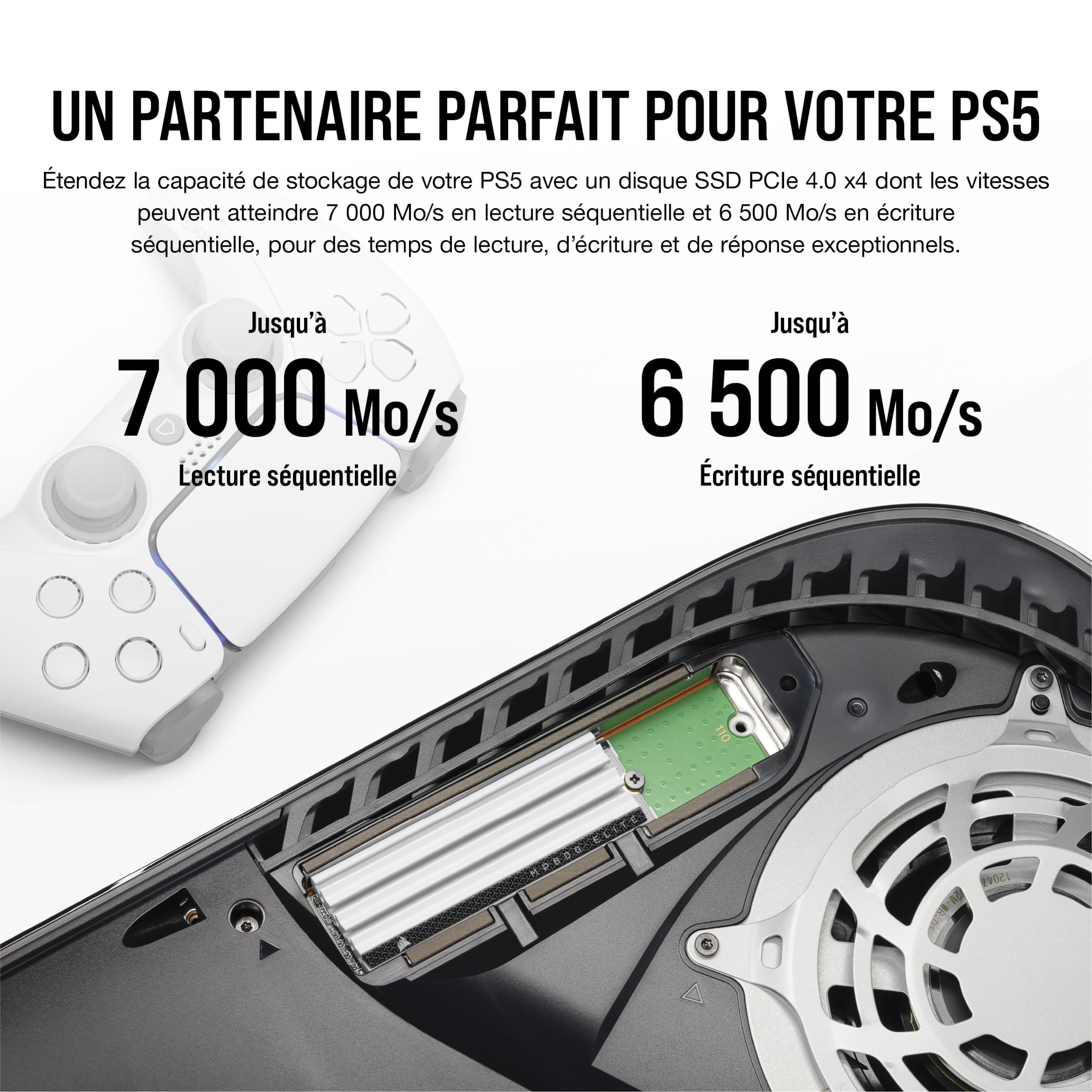 Corsair MP600 Elite 2 to M.2 PCIe Gen4 x4 NVMe SSD - Optimisé pour PS5 - Dissipateur Thermique Inclus - M.2 2280 - Lecture Séquentielle Jusqu'à 7 000 Mo/s - 3D TLC NAND Haute Densité - Blanc