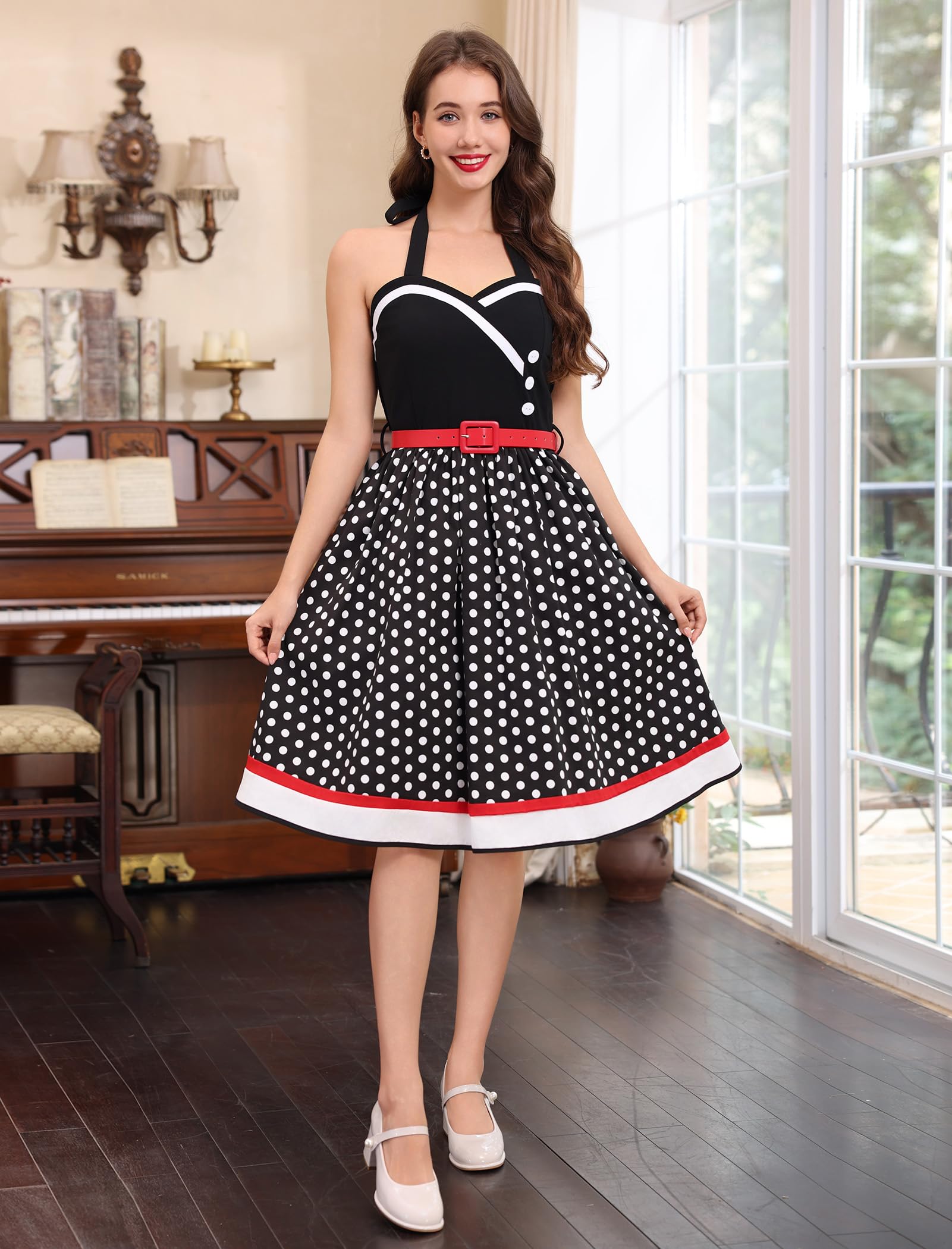 Robe trapèze des années 50 pour femme - Style rétro années 50 - Avec ceinture - Motif floral à pois - Rockabilly