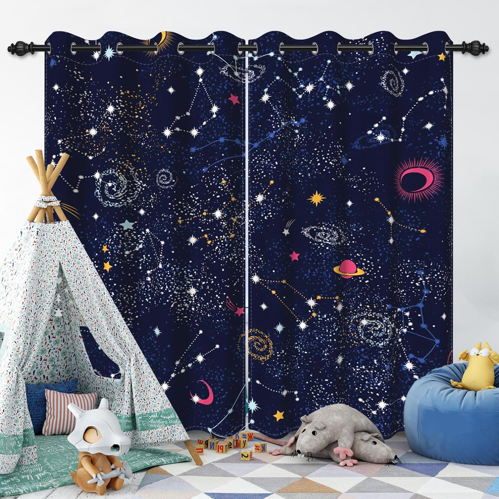Ruelvth Galaxy Blackout Curtains for Kids, Moon and Star Window Curtains for Boys Girls Bedroom Blue Nursery Window Curtains with Grommets, 53x96 Inch, 2 Panels