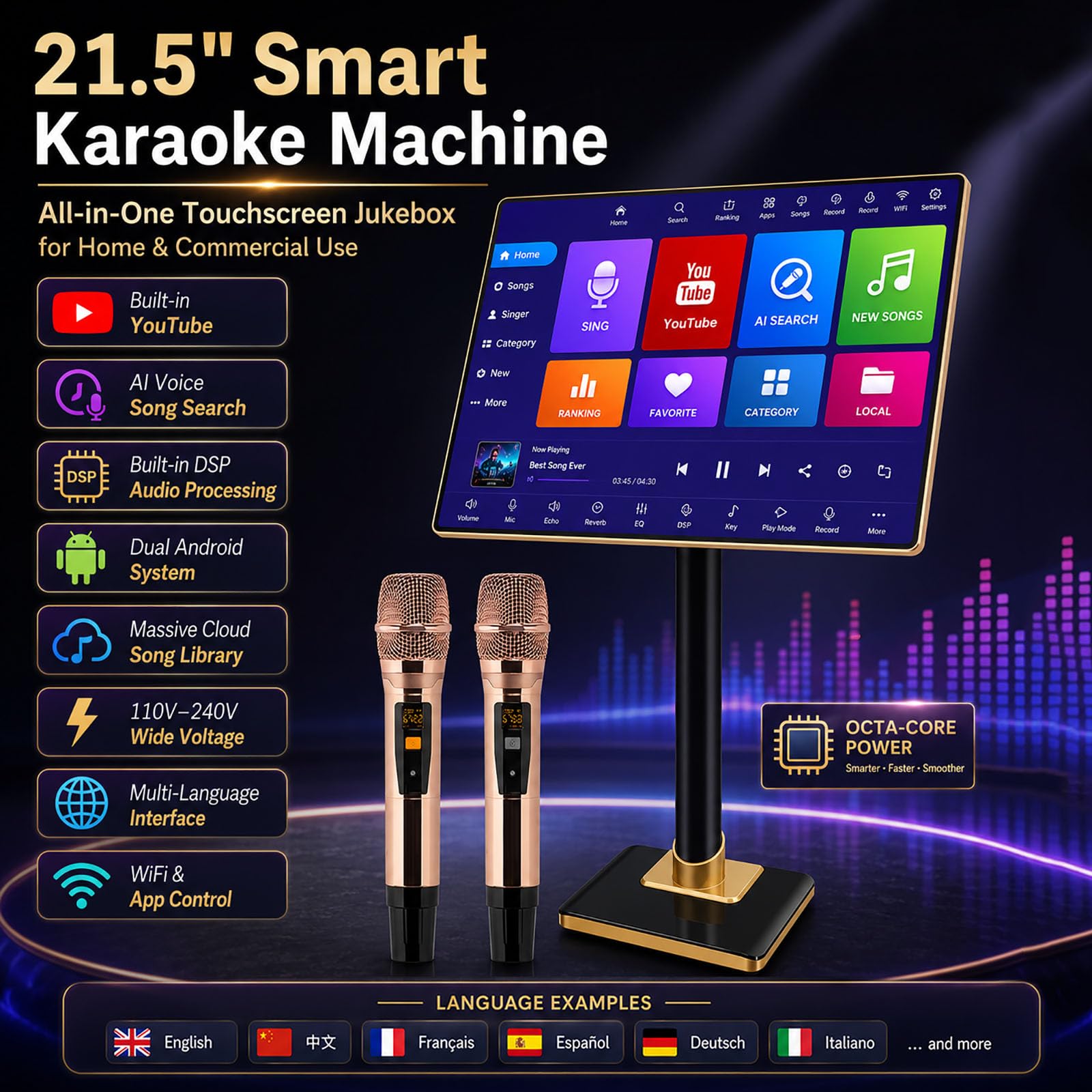 Sistema Karaoke all-in-One da 21,5 Pollici con 2 Microfoni Wireless, Doppio Sistema Android, WiFi, Elaborazione Audio Dsp, Controllo Vocale E App per Casa E Uso 8TB