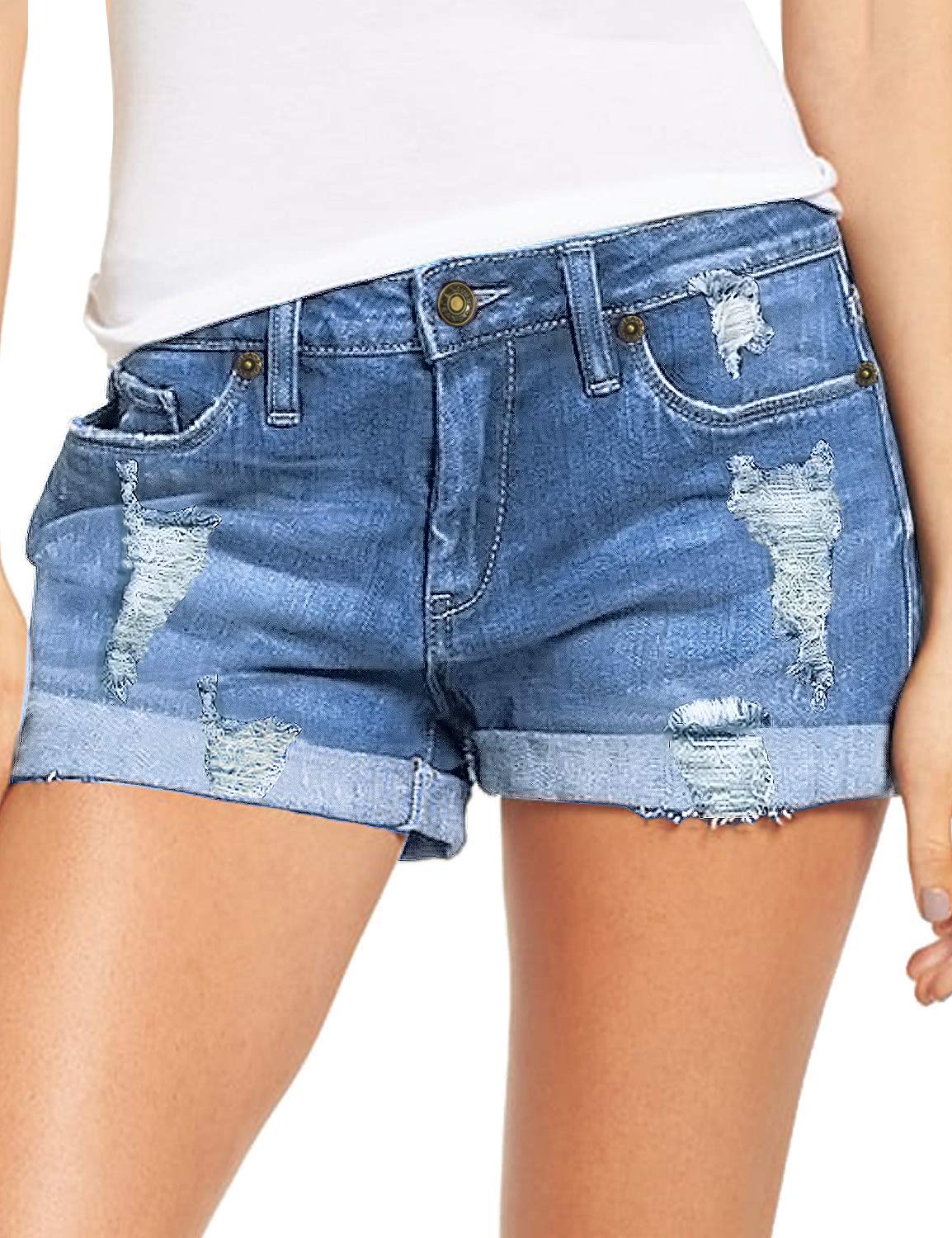 Necooer Damen Casual Ripped Denim Shorts Mittlere Taille Kurze Jeanshose mit Taschen