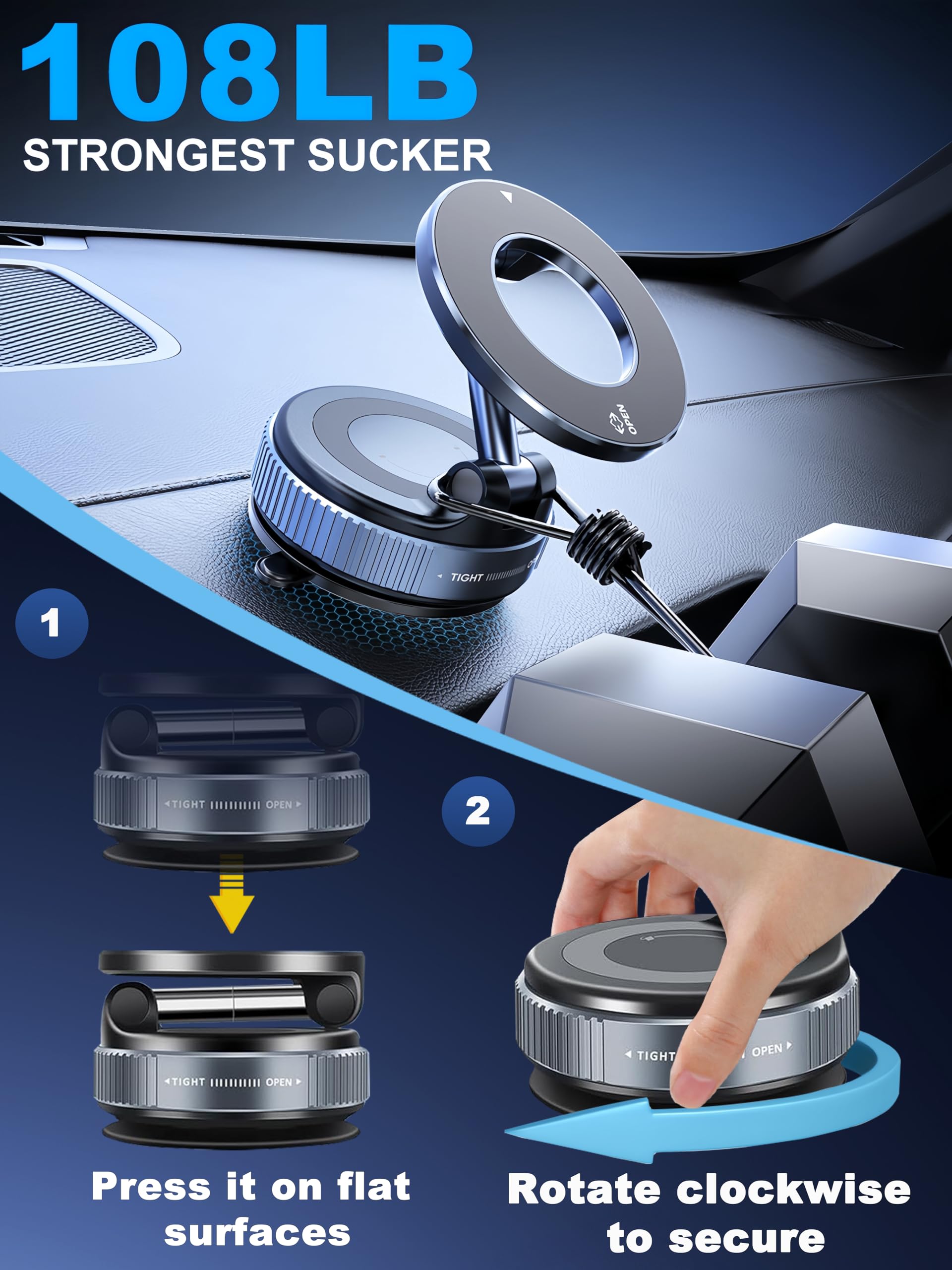 Upgraded 360° Nano Gel Vacuum Magnetic Phone Holder, Car Phone Holder for Magsafe[108+LBS Strongest Suction & 3000gf Strongest Magnetic], Suction Cup Phone Mount for Car/for iPhone 17 Pro Max