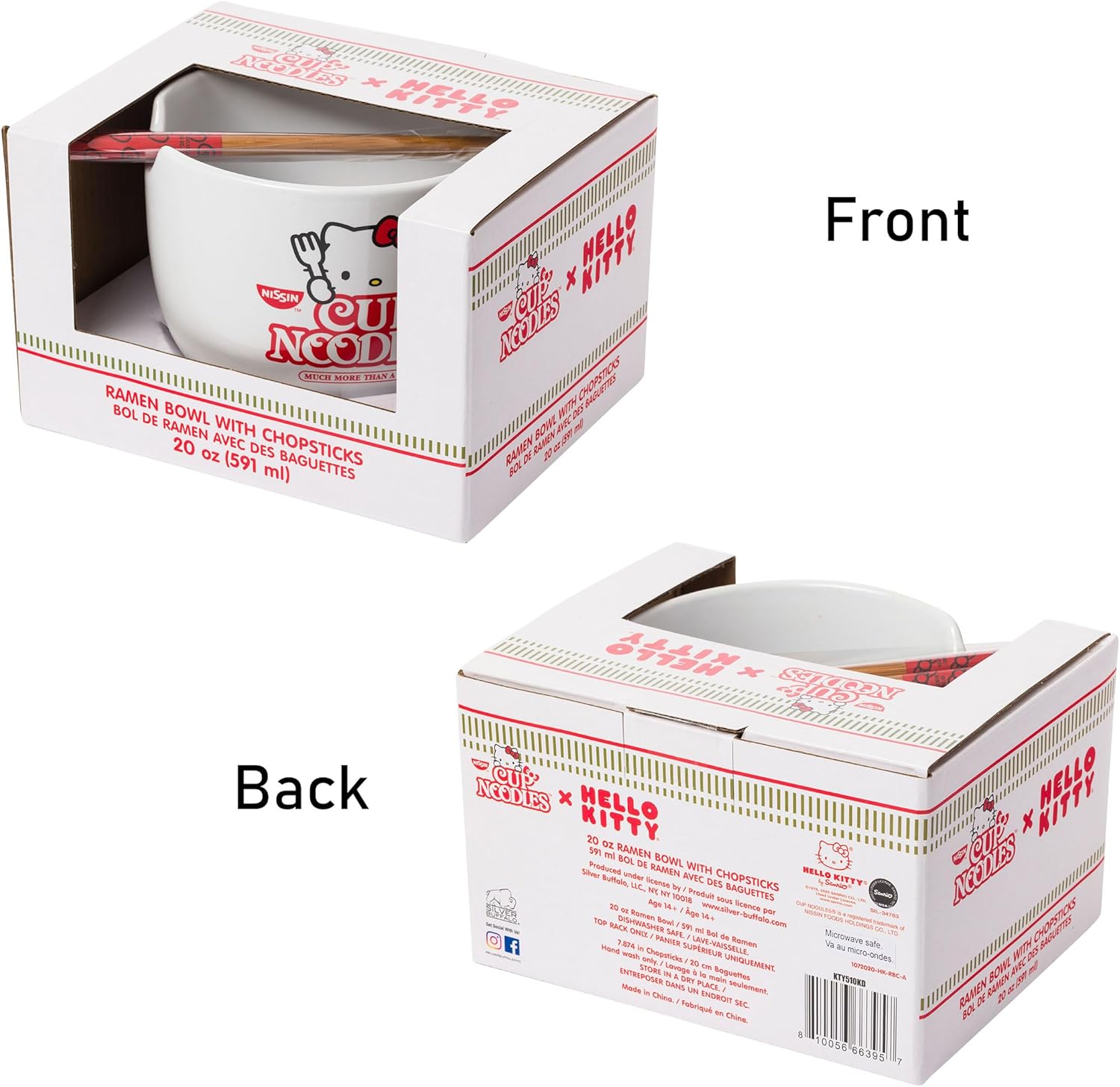 Silver Buffalo Sanrio Hello Kitty Cup Noodles Nissin Ceramic Ramen Noodle Rice Bowl with Chopsticks, Microwave Safe, 20 Ounces - Image 8