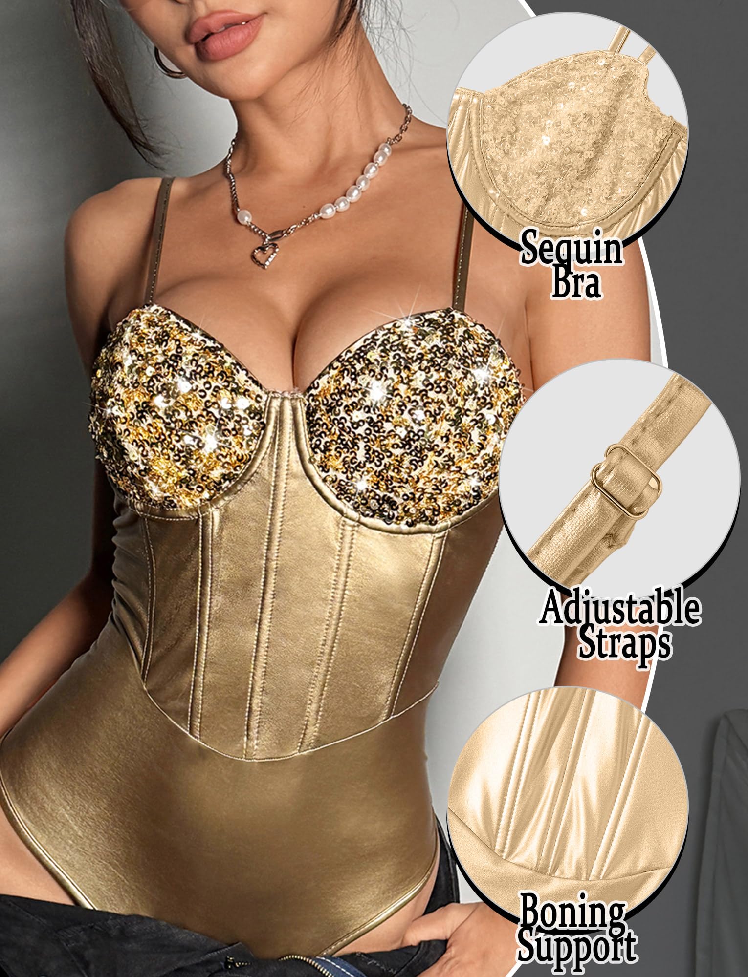 Maeau - Body Metálico Lentejuelas Brillantes Mujer Body Lencería Corsé Bodysuit Top Party Club XS-XL