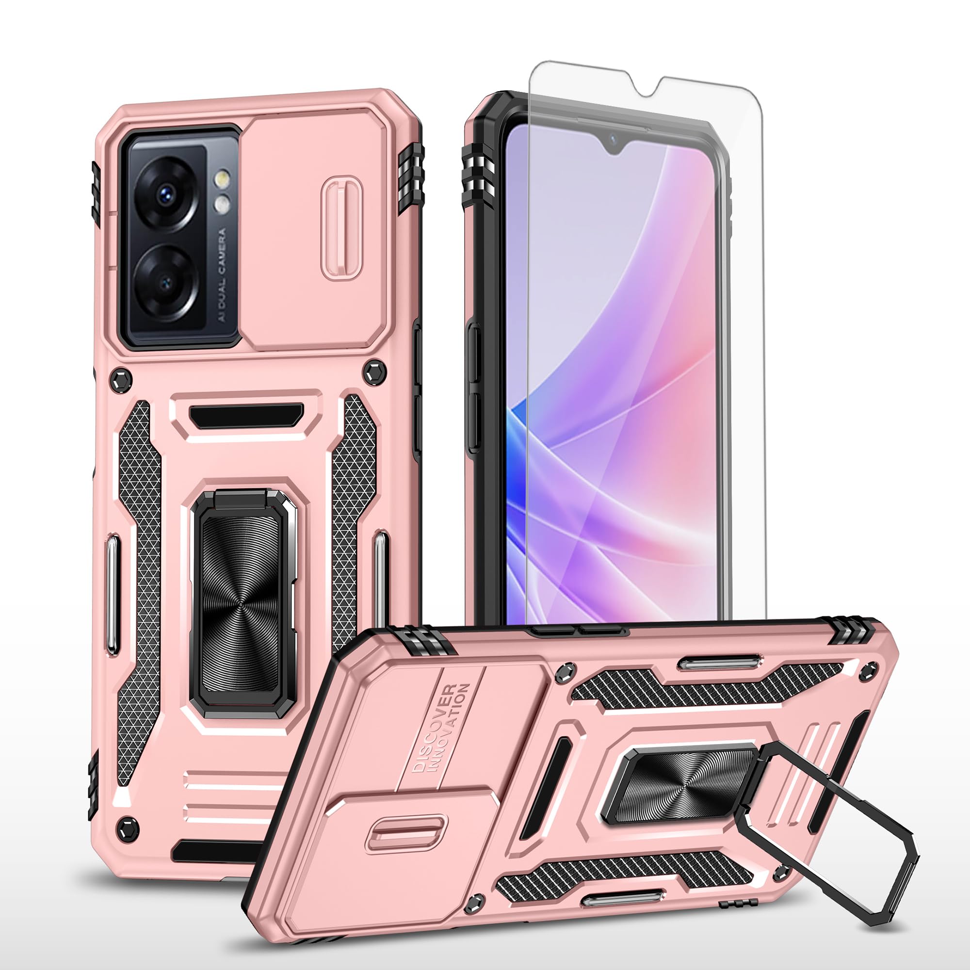 Asuwish Phone Case for Oppo A77 4G/A54 with Tempered Glass Screen Protector and Slide Camera Cover Magnetica Ring Holder Kickstand Cell Accessories