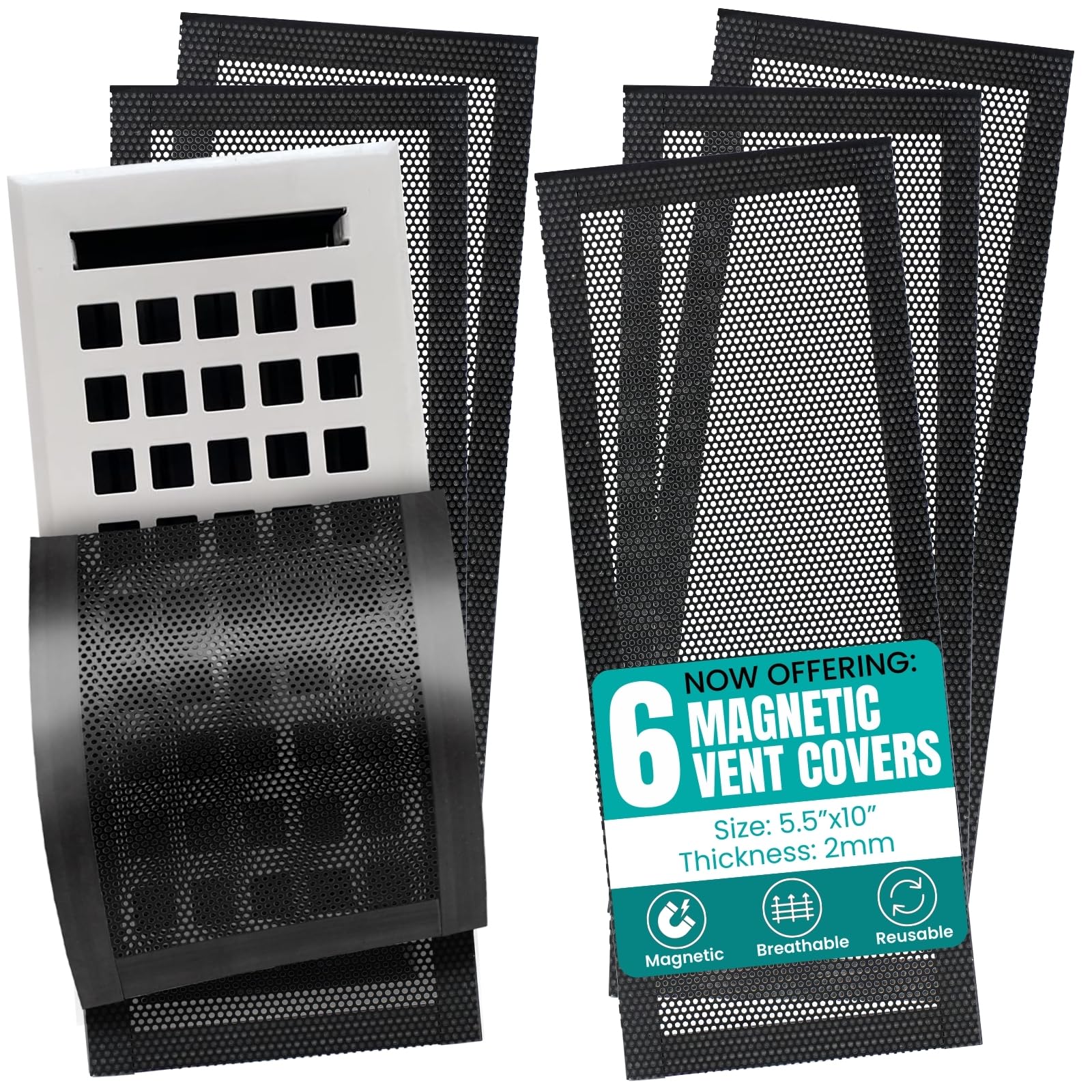 Efforest Cubiertas de ventilación de piso de 5.5 x 14 pulgadas, magnéticas, paquete de 6 filtros de ventilación de malla, filtro de polvo, deflectores de registro de ventilación para rejillas de aire
