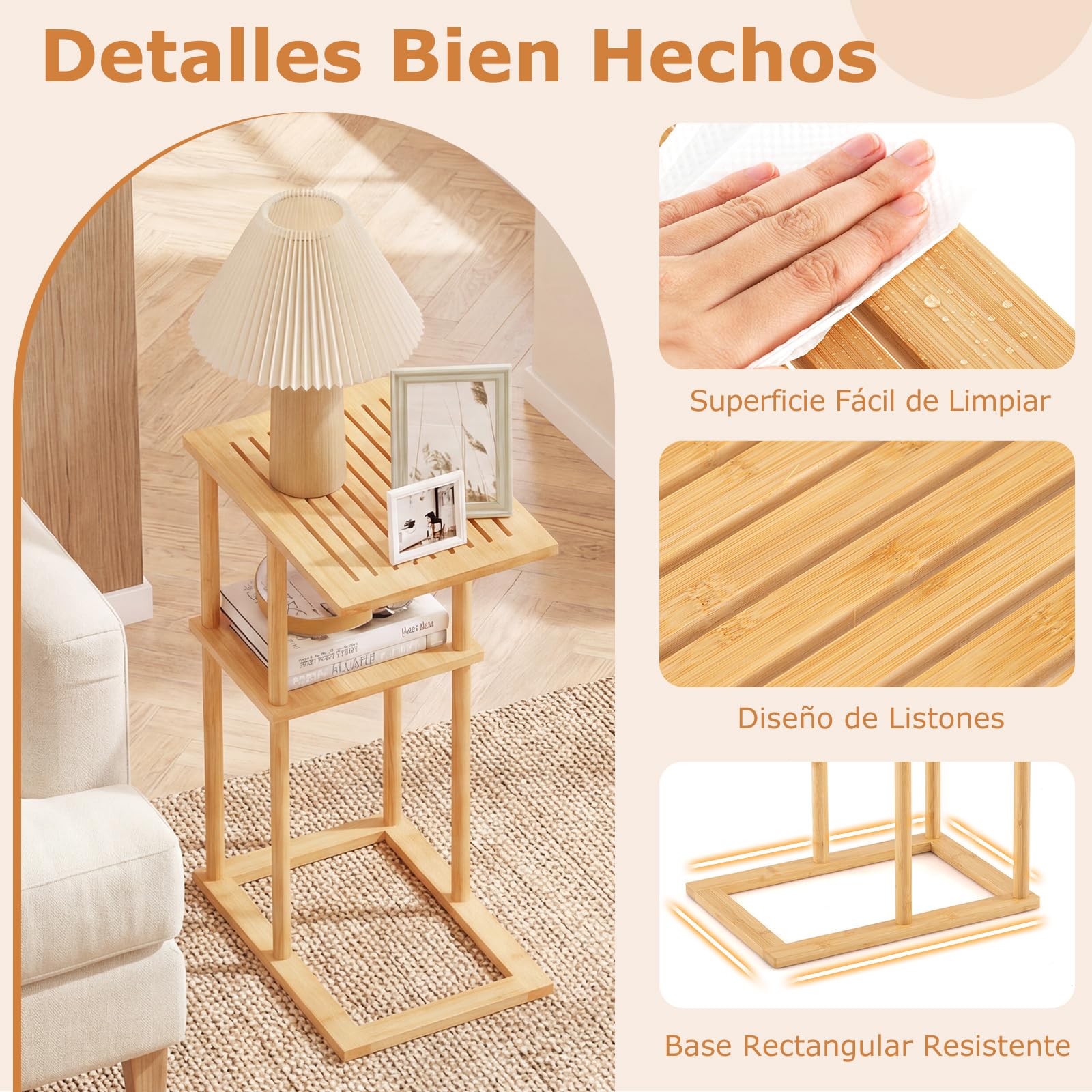 COSTWAY Juego de 2 Mesa Auxiliar de Bambú para Sofá, Mesita Forma de C con Estantes de Almacenamiento, 40 x 28 x 65 cm, Mesa de Café, Mesita de Noche Estrecha para Cama, Sala y Dormitorio, Natural