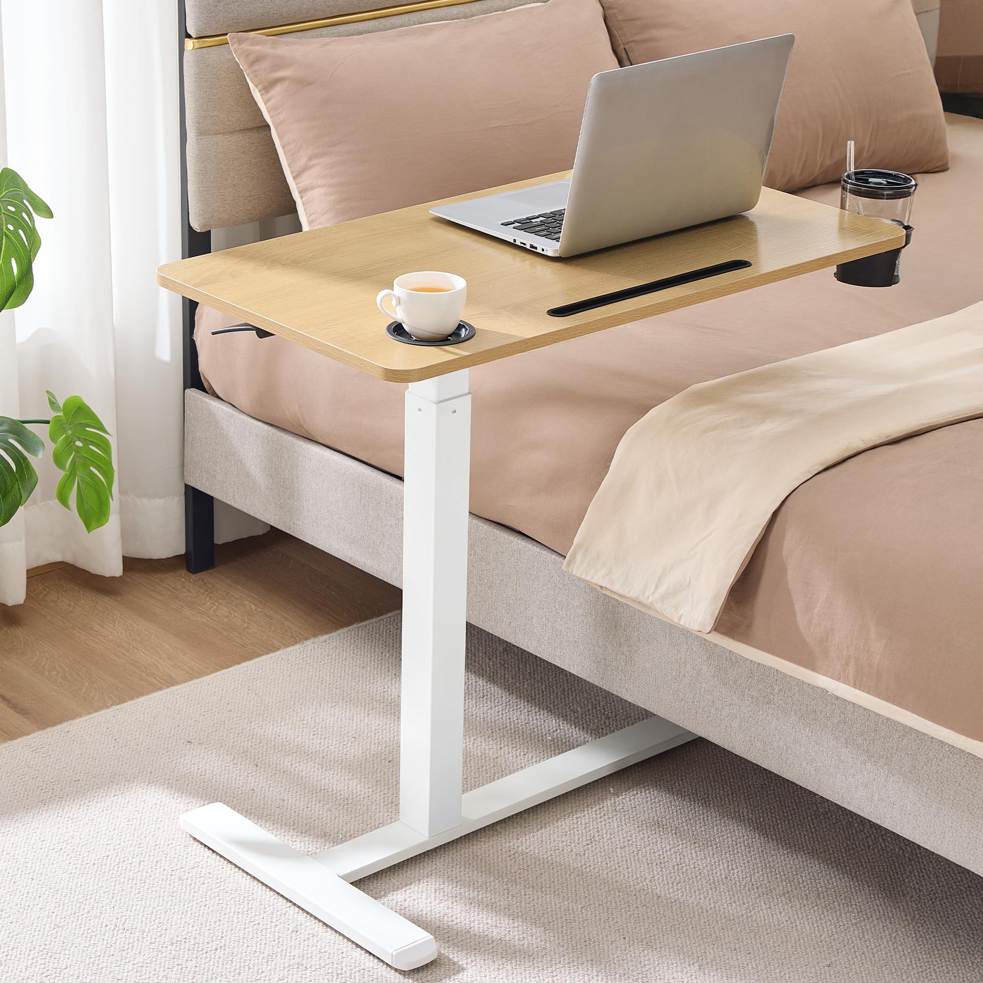 VASAGLE Side Table, Overbed Table with Wheels, Small Standing Desk, 80 x 45 cm Tabletop, Adjustable Height, 2 Cup Holders, Phone and Tablet Slot, Golden Oak LSD601YA01