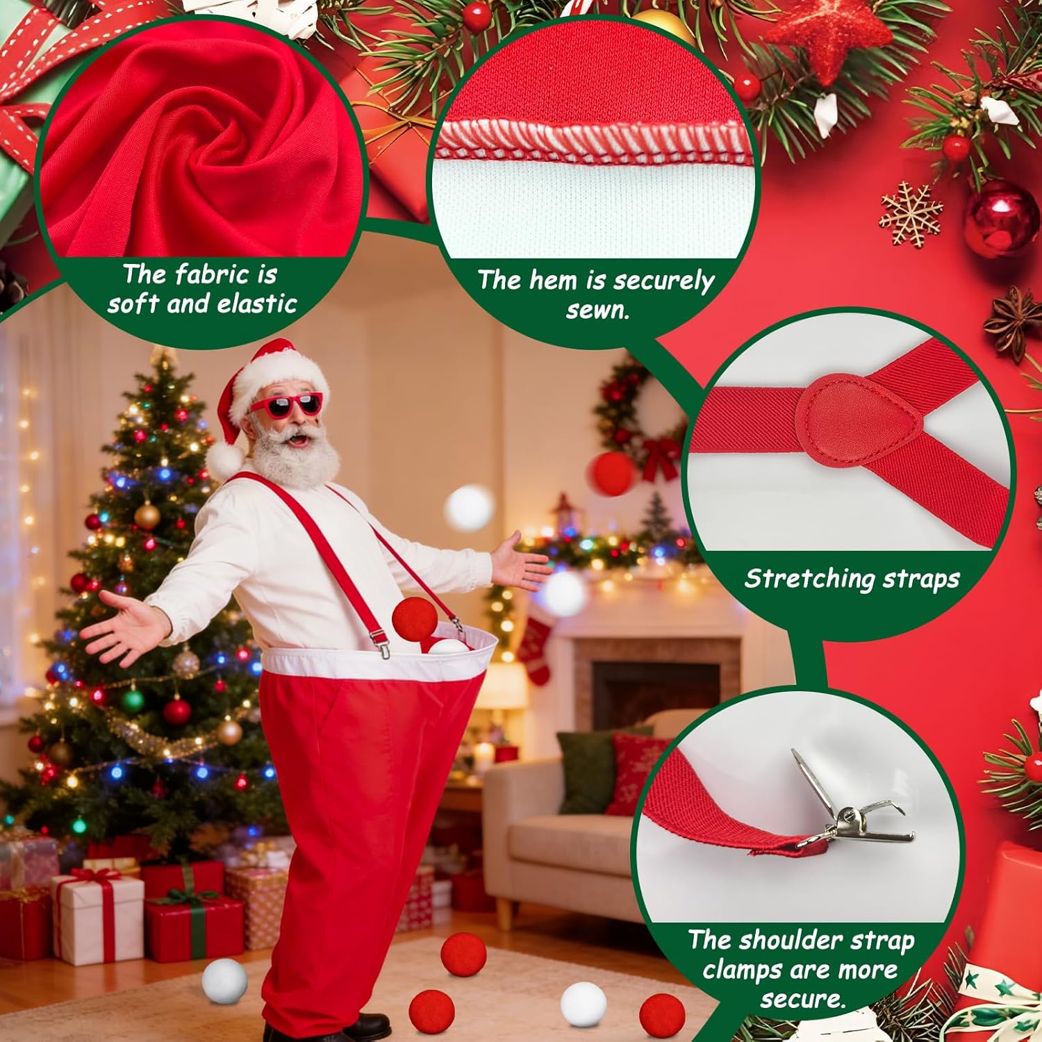 Christmas Granny Pants Outdoor Game Set，Santa Pants Snowball Fight Red with 10 Plush Balls，Fun Family Reunion & Adult Yard Games for Groups Beach and Backyard Games