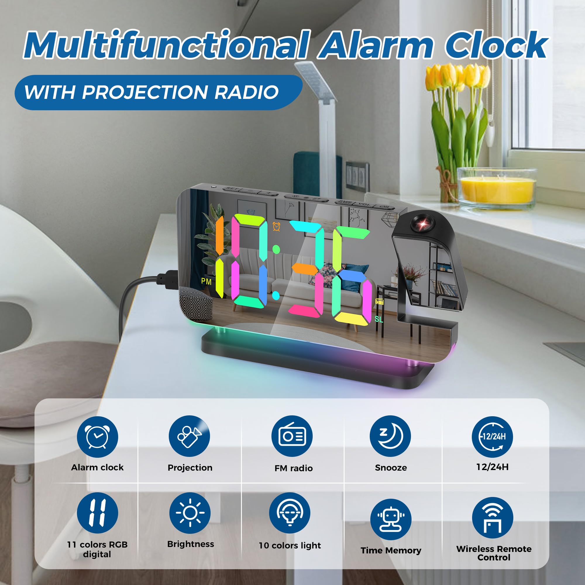 Sveglia con proiezione e radio, Orologio digitale con proiettore girevole a 180°, Sveglie da comodino con 10 modalità di luce notturna RGB, display LED a 11 colori, dimmerabile, volume, Casa, Nero