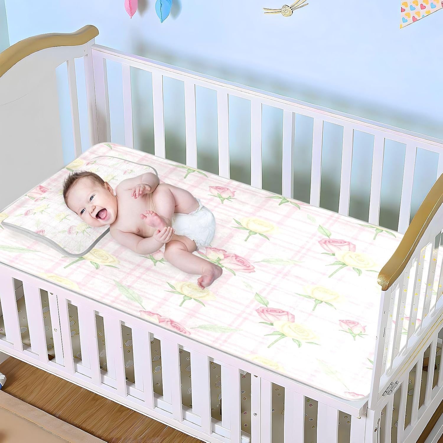 Cooling Baby Bed Mattress Protector 28" x 52" Breathable Pink Hawaiian Rose Checkered Bed Pads for Kids for Kids, Adult