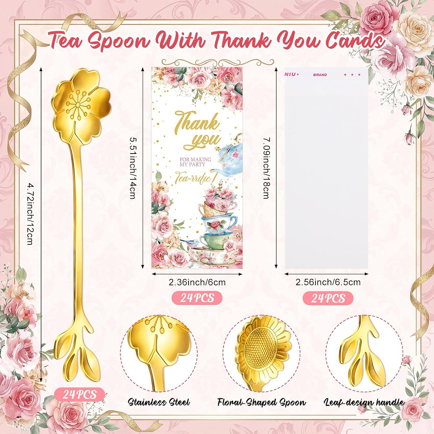 24 Set Tea Spoon Party Favors Gold Tea Spoons Bulk 8 Style Flower Teaspoons with Thank You Cards Gift Bags Stainless Steel Dessert Coffee Spoons Stir Bar for Bridal Shower Guest Souvenir Gift