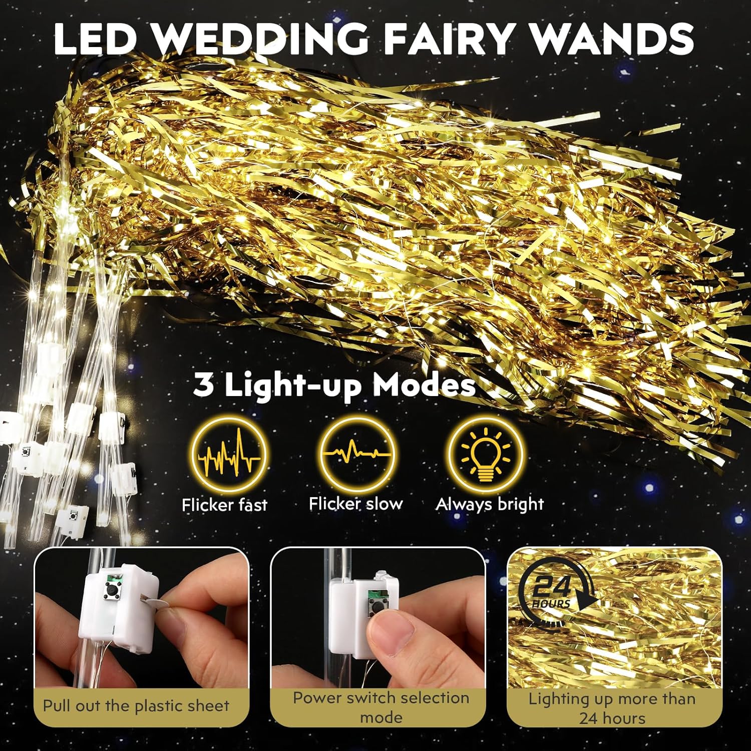 100 pcs Wedding Wands Tinsel, Light up Wand Wedding with LED, Wedding Wand with Light for Wedding Send off, Ideal Props for Weddings, Birthday Parties, Christmas Cheerleading Games (Radium Silver)