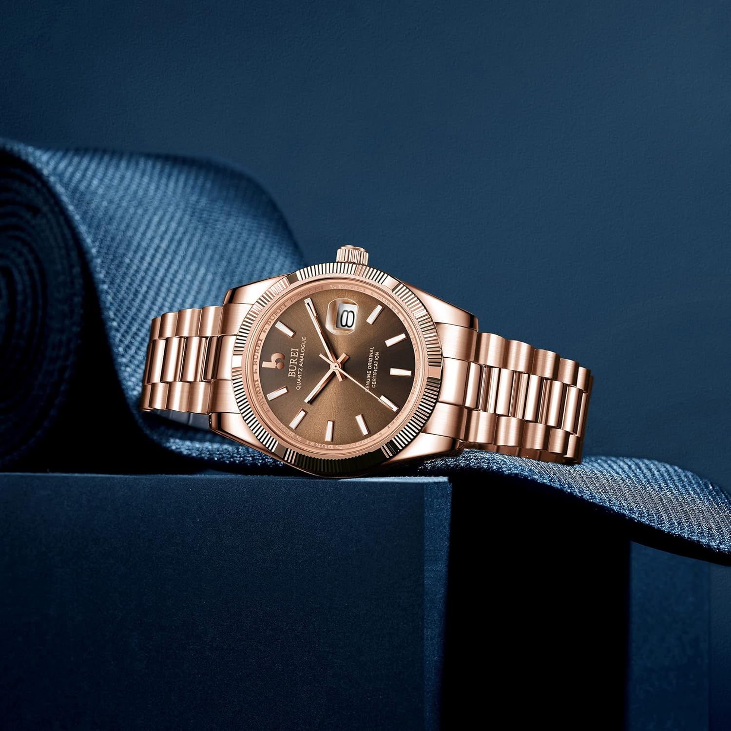 BUREI Mens Watches Luxury Analog Quartz Wristwatch Sapphire Crystal Dial with Calendar Display Stainless Steel Waterproof Watch brown