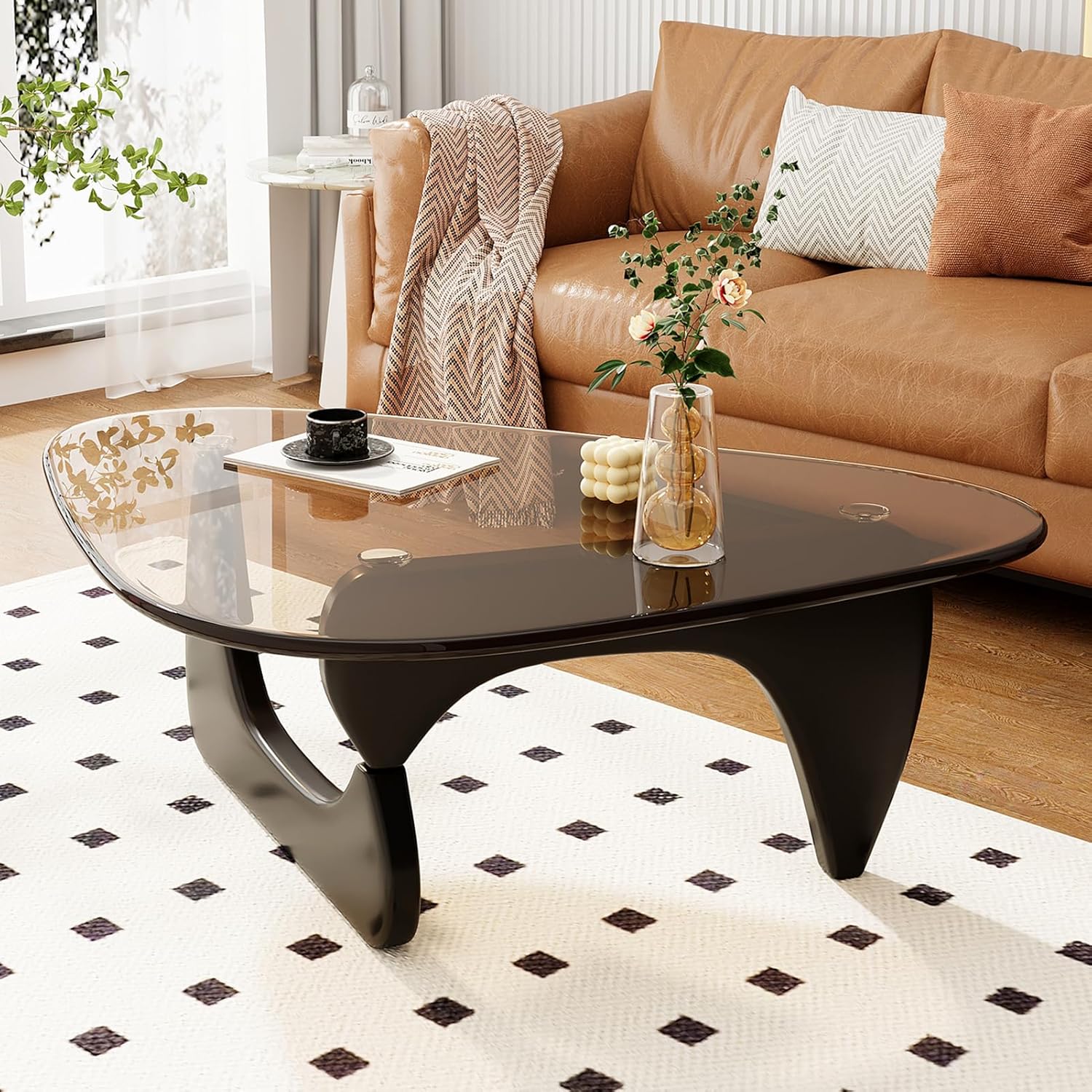 Coffee Table for Living Room Mid Century Modern Center Table with Glass Top and Oak Wood, Brown/Black Black/Brown Glass 32 Inch image 4 of 7 B0FGD3K954