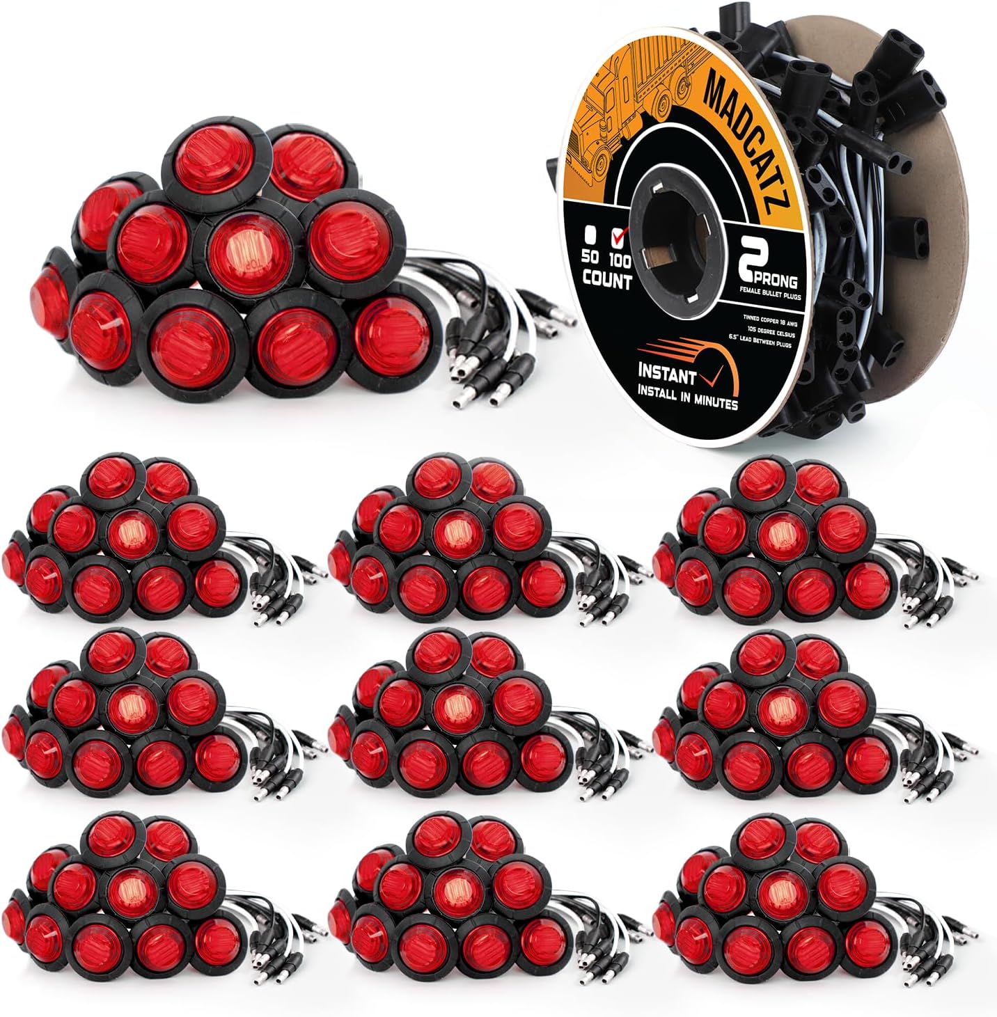 MADCATZ 50 Pcs 3/4" LED Clear Lens Amber Marker Lights 3LED with Bullet Connector Plug + 2 Prong Continuous Wire Harness Roll, 50 Female Plugs - 6.5 inch for Truck Trailer Pickup 12V DC